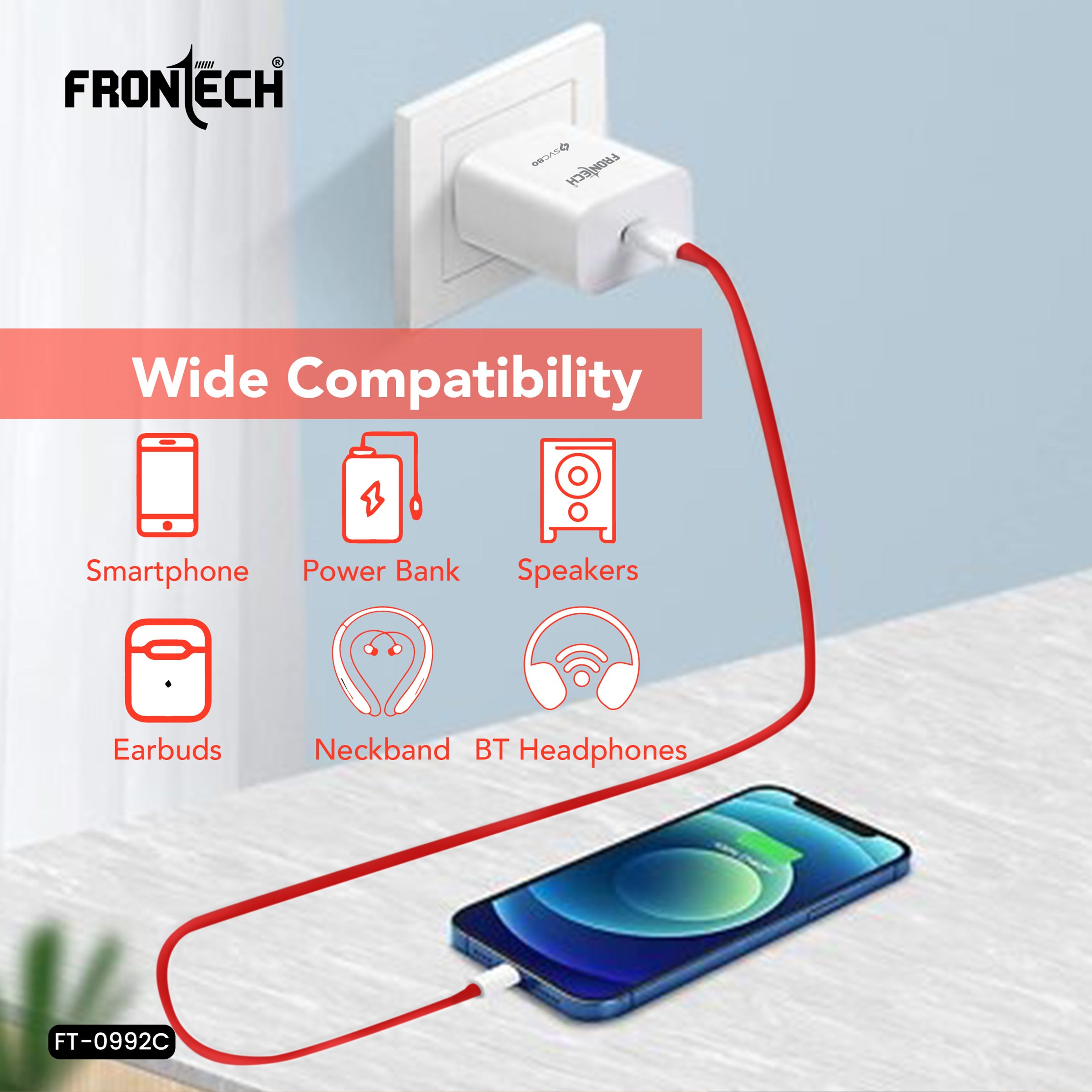 FRONTECH 80W Fast Charger with USB-C Cable | SVC80 Single USB | Type-C 80W Output | Smart Chip | Short Circuit Protection | 1m Cable | Compact & Travel-Friendly | For Smartphones, Tablets & Gadgets (FT-0992C)