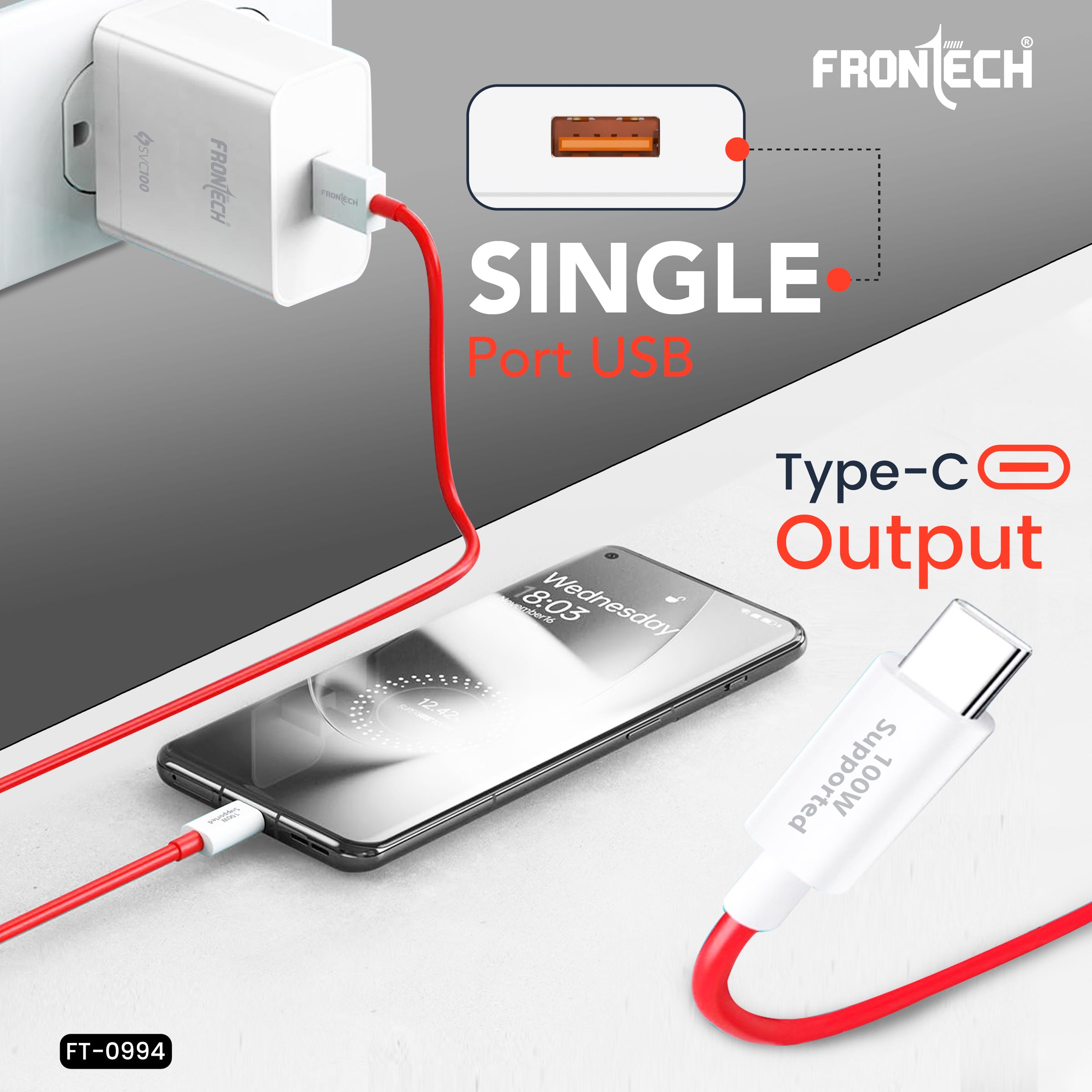 Frontech SVC100 100W Fast Charging Charger with Type-C Cable | Compact USB Wall Adapter | Smart Chip Protection | Compatible with Smartphones, Tablets, Power Banks & More (FT-0994)