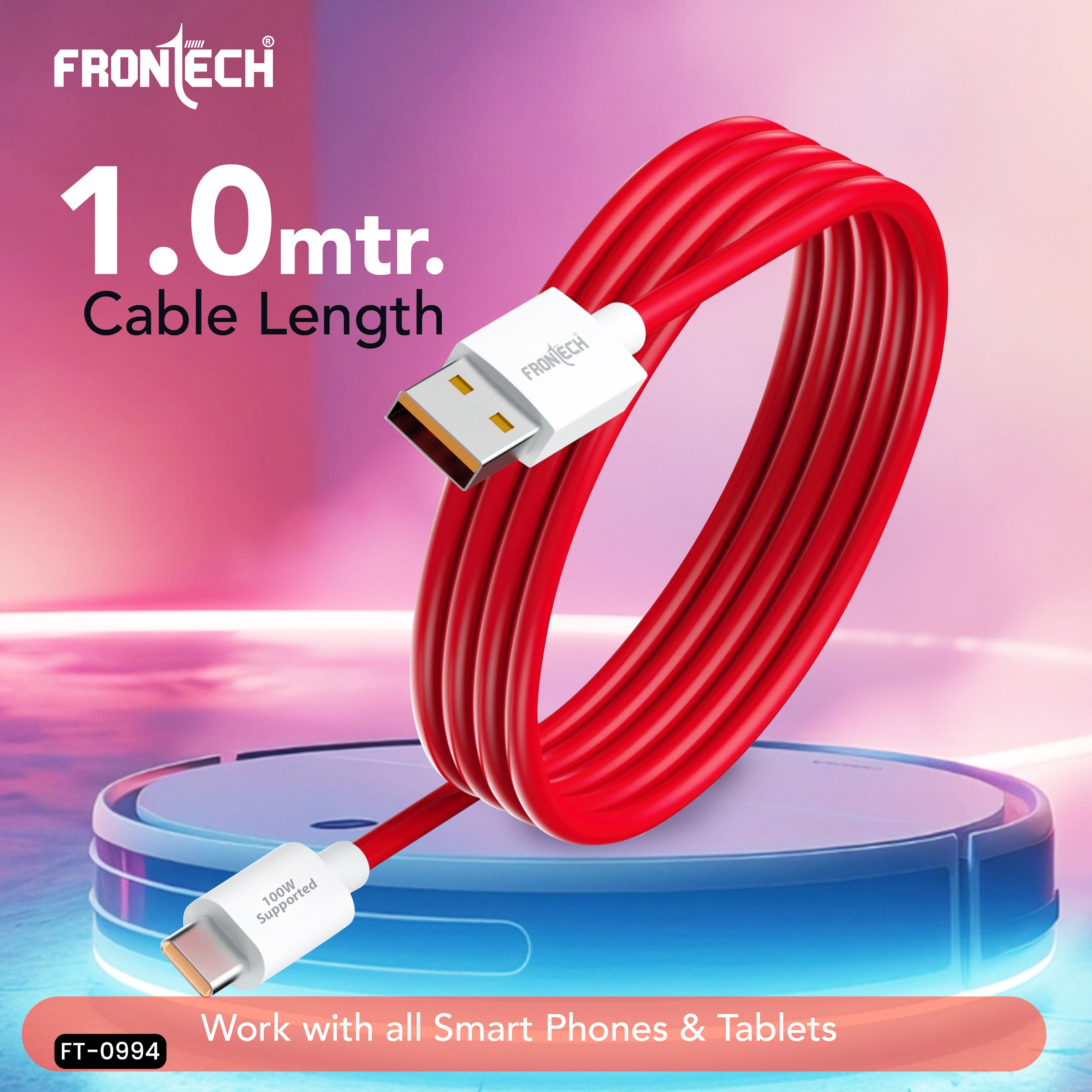 Frontech SVC100 100W Fast Charging Charger with Type-C Cable | Compact USB Wall Adapter | Smart Chip Protection | Compatible with Smartphones, Tablets, Power Banks & More (FT-0994)