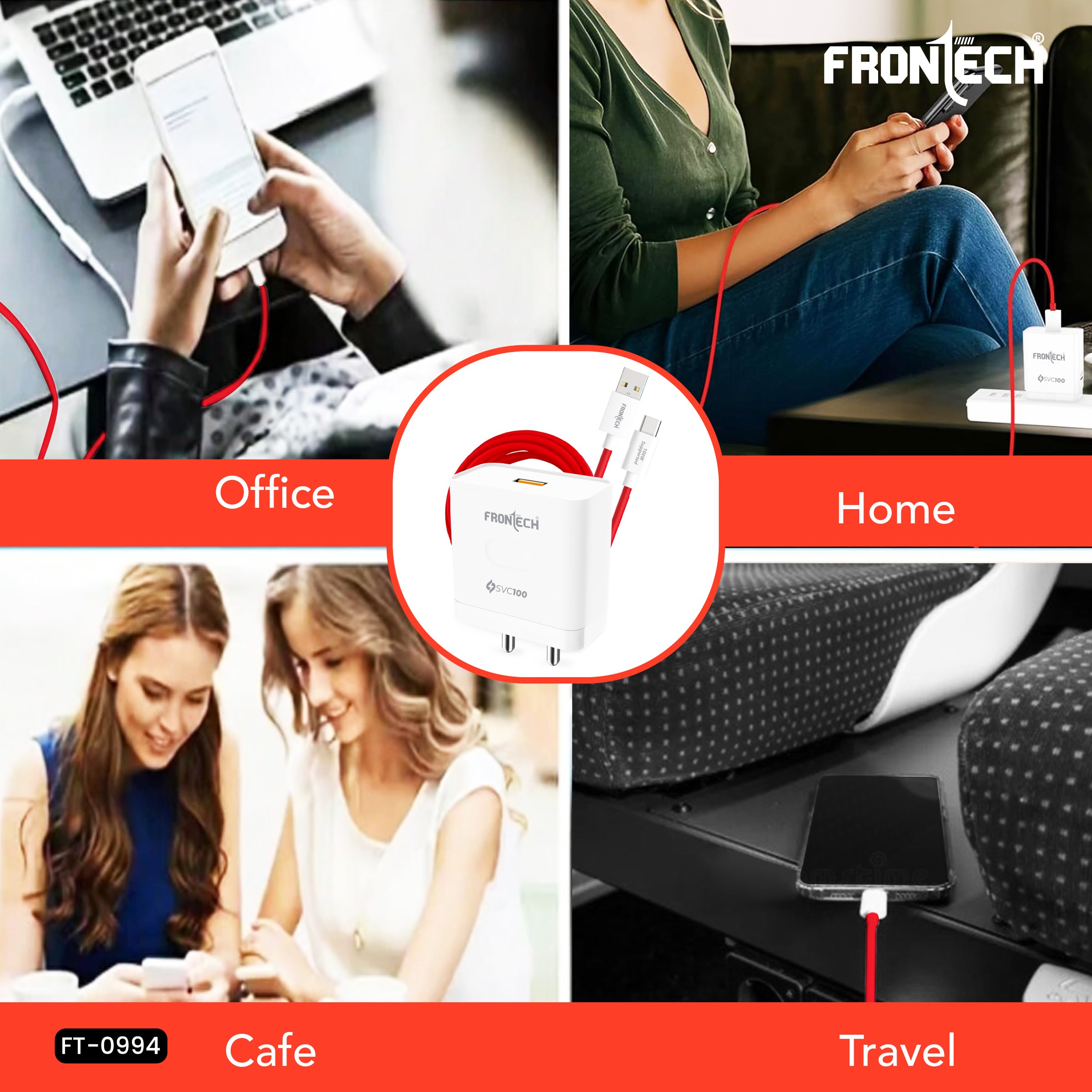 Frontech SVC100 100W Fast Charging Charger with Type-C Cable | Compact USB Wall Adapter | Smart Chip Protection | Compatible with Smartphones, Tablets, Power Banks & More (FT-0994)