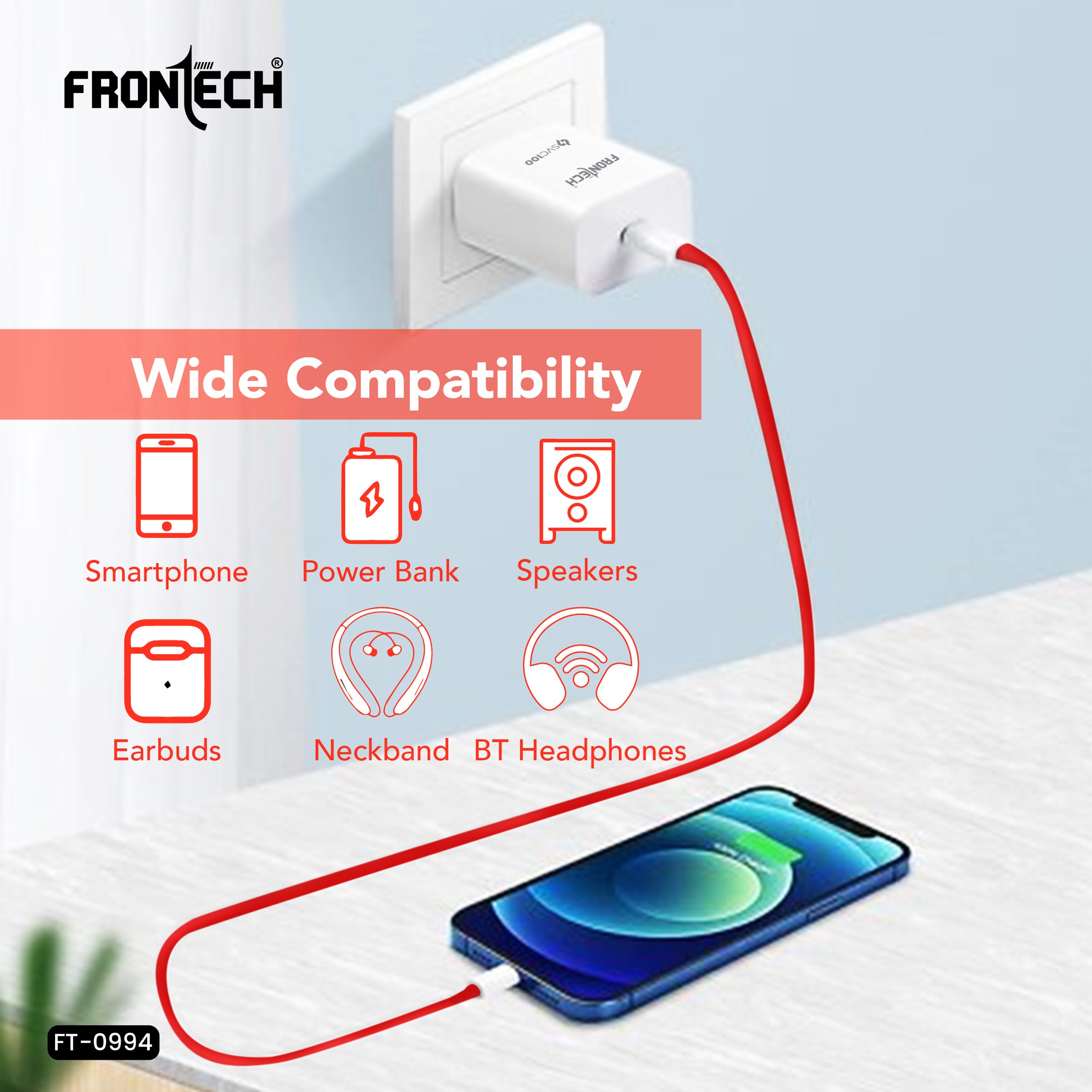 Frontech SVC100 100W Fast Charging Charger with Type-C Cable | Compact USB Wall Adapter | Smart Chip Protection | Compatible with Smartphones, Tablets, Power Banks & More (FT-0994)