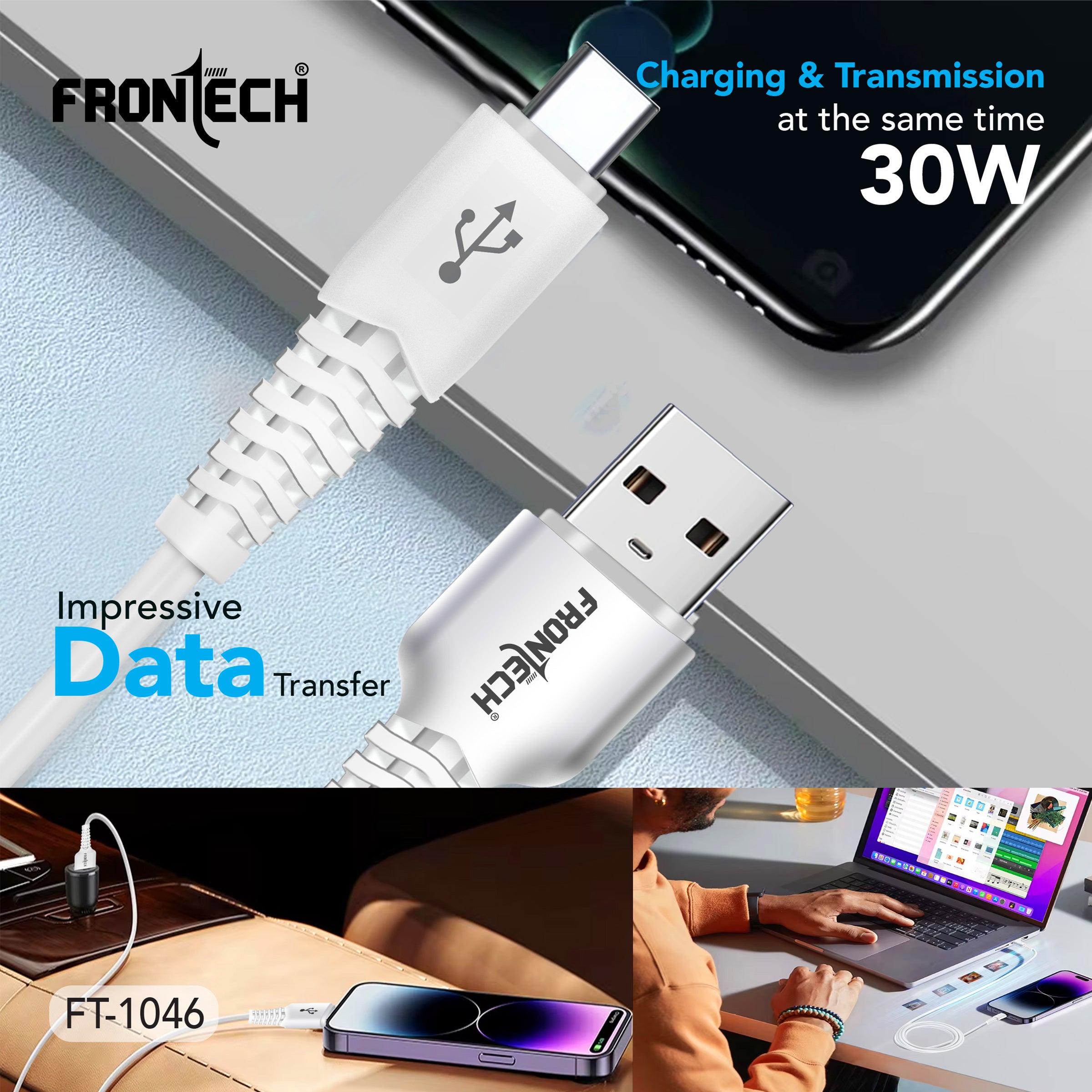 Frontech Super Fast 30W USB to Type-C Charging & Data Cable | 1.0 Meter | Durable | Bend-Resistant (FT-1046)