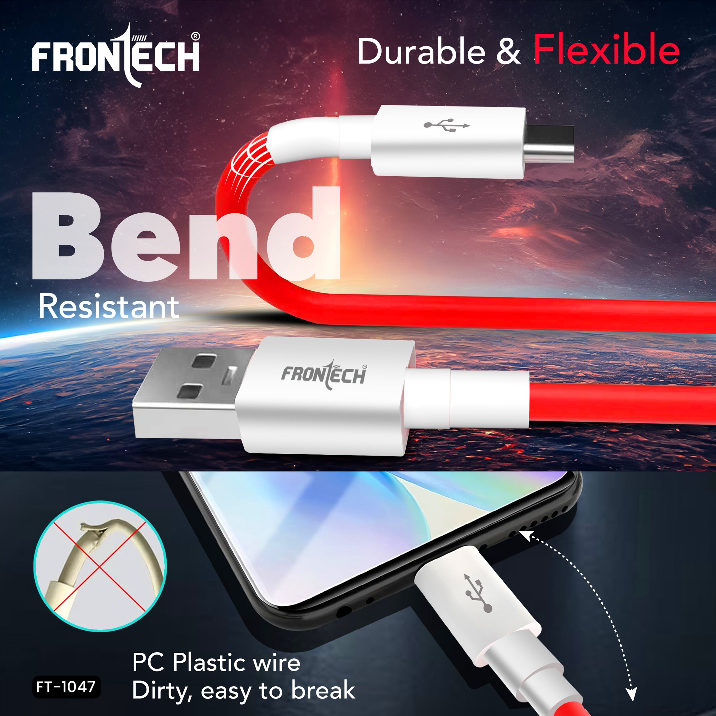 Frontech USB Type-C Fast Charging Cable | 100W Power Delivery | 1M Durable & Bend-Resistant | SuperSpeed Data Transfer | Red & White (FT-1047)
