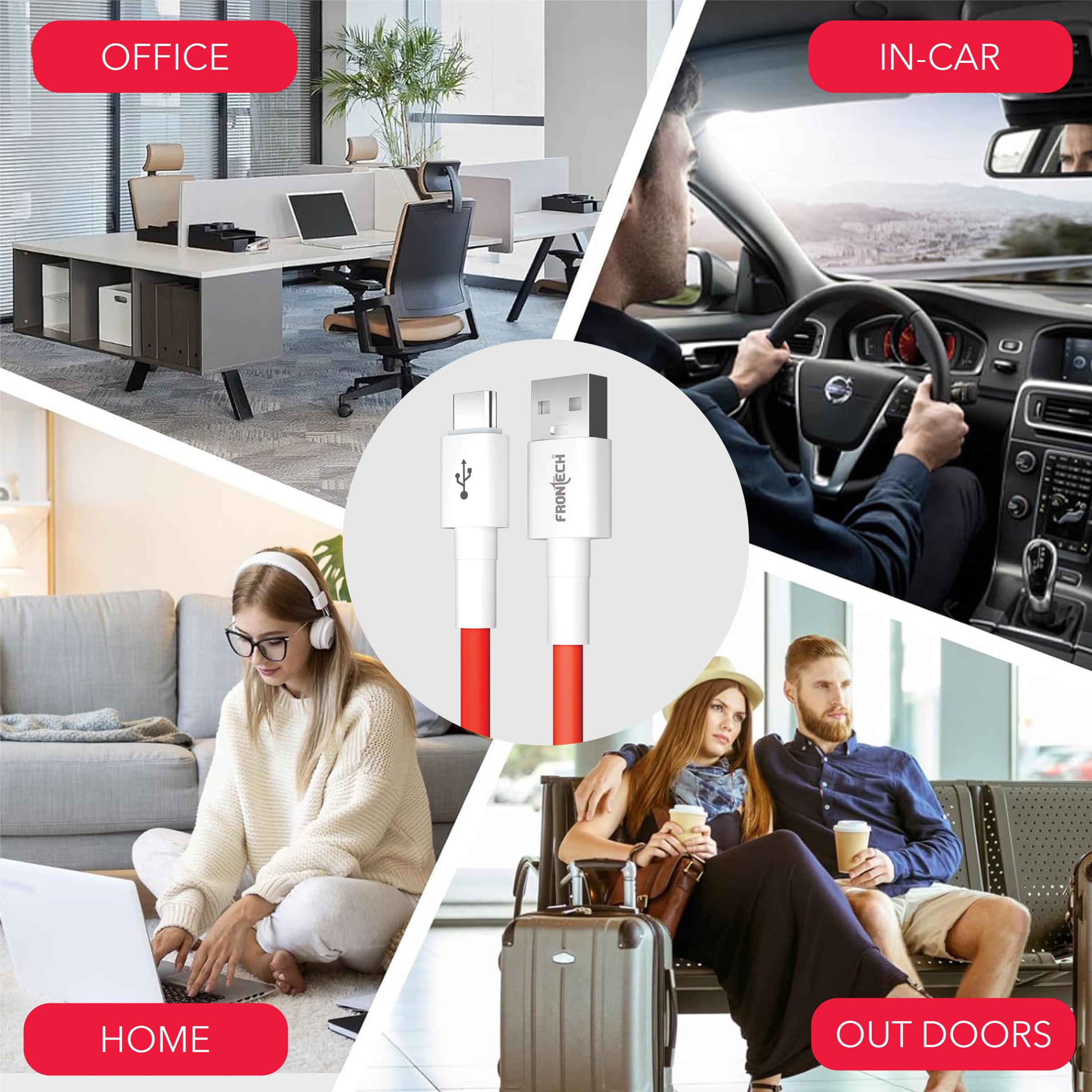 Frontech USB Type-C Fast Charging Cable | 100W Power Delivery | 1M Durable & Bend-Resistant | SuperSpeed Data Transfer | Red & White (FT-1047)