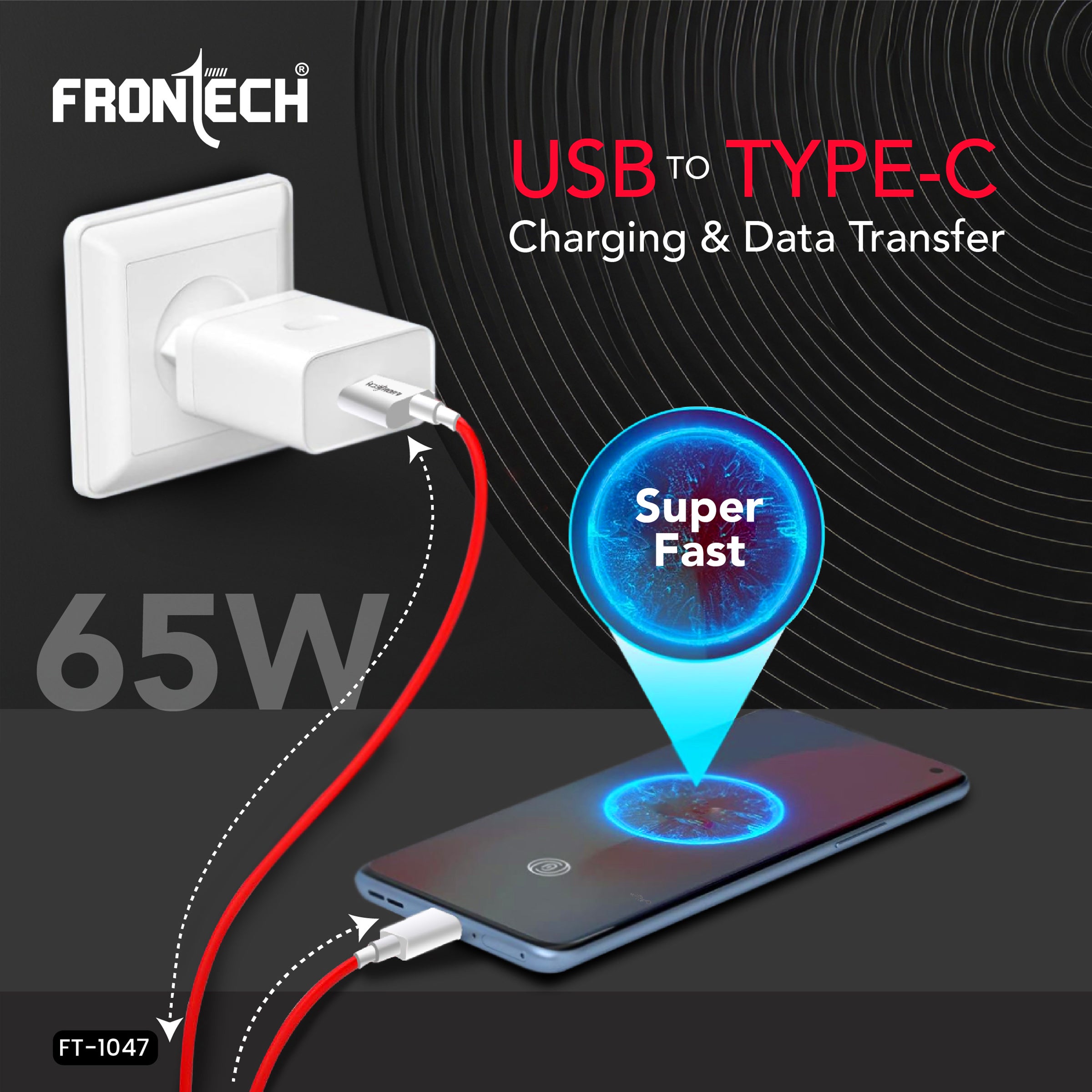 Frontech Super Fast 65W USB to Type-C Data Cable - 1.0 Meter | High-Speed Charging & Data Transfer | Durable & Bend Resistant (FT-1048)