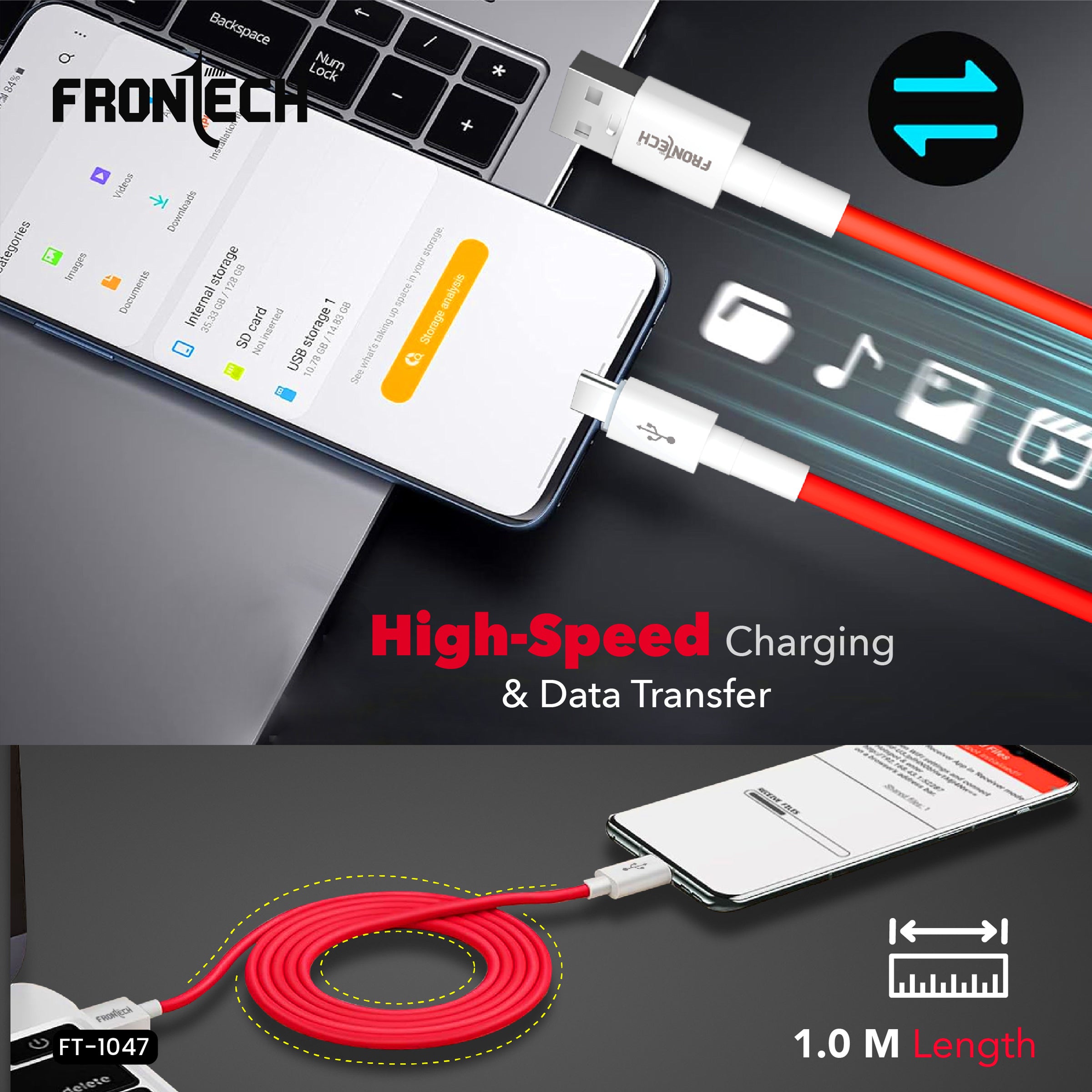 Frontech Super Fast 65W USB to Type-C Data Cable - 1.0 Meter | High-Speed Charging & Data Transfer | Durable & Bend Resistant (FT-1048)