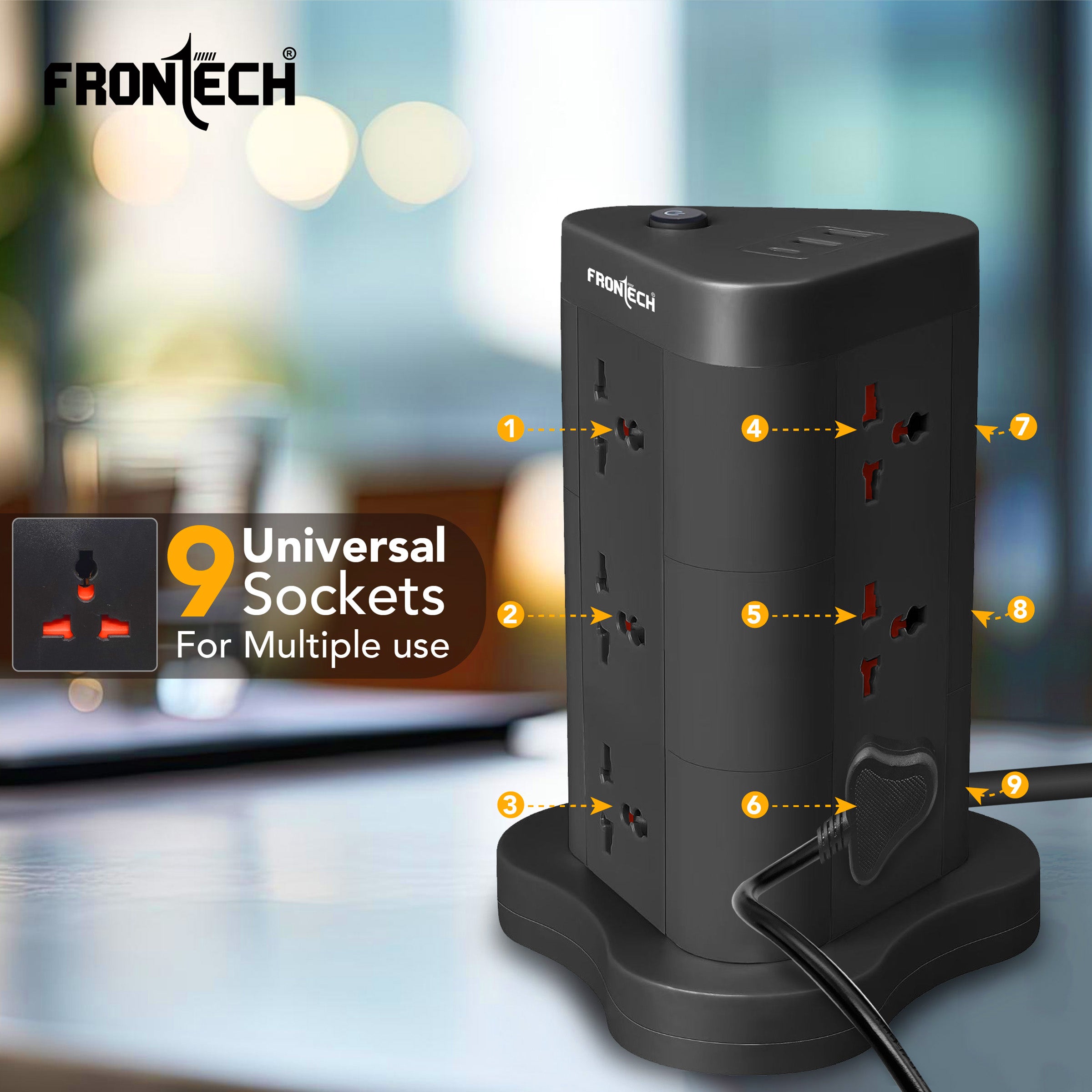 Frontech Power Tower | 9 Universal Sockets | 2 USB Ports + 1 Type-C | 5m Cable | 2500W Load | Child Safety Shutter | Vertical Multi-Plug Extension Board(FT-3564)