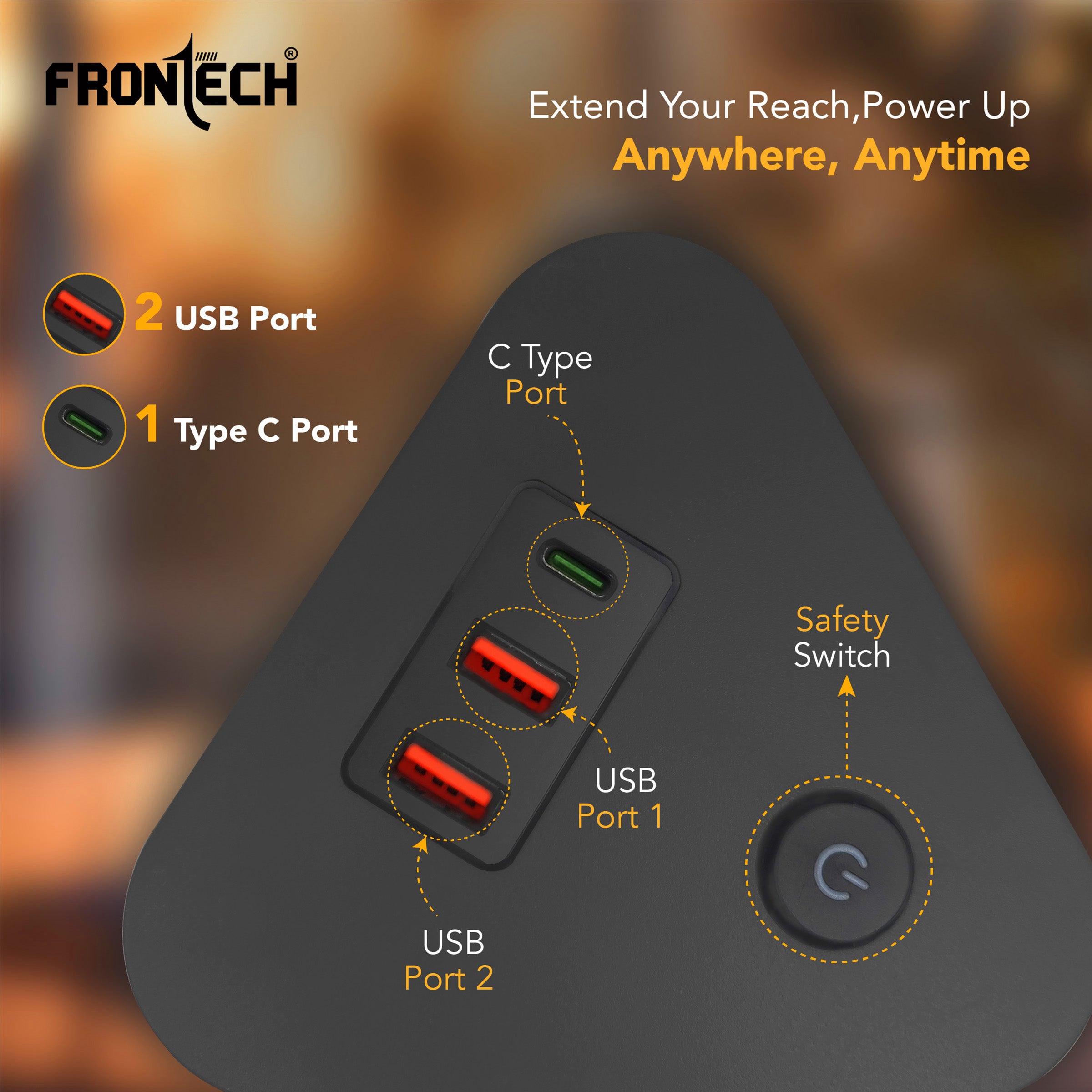 Frontech Power Tower | 9 Universal Sockets | 2 USB Ports + 1 Type-C | 5m Cable | 2500W Load | Child Safety Shutter | Vertical Multi-Plug Extension Board(FT-3564)