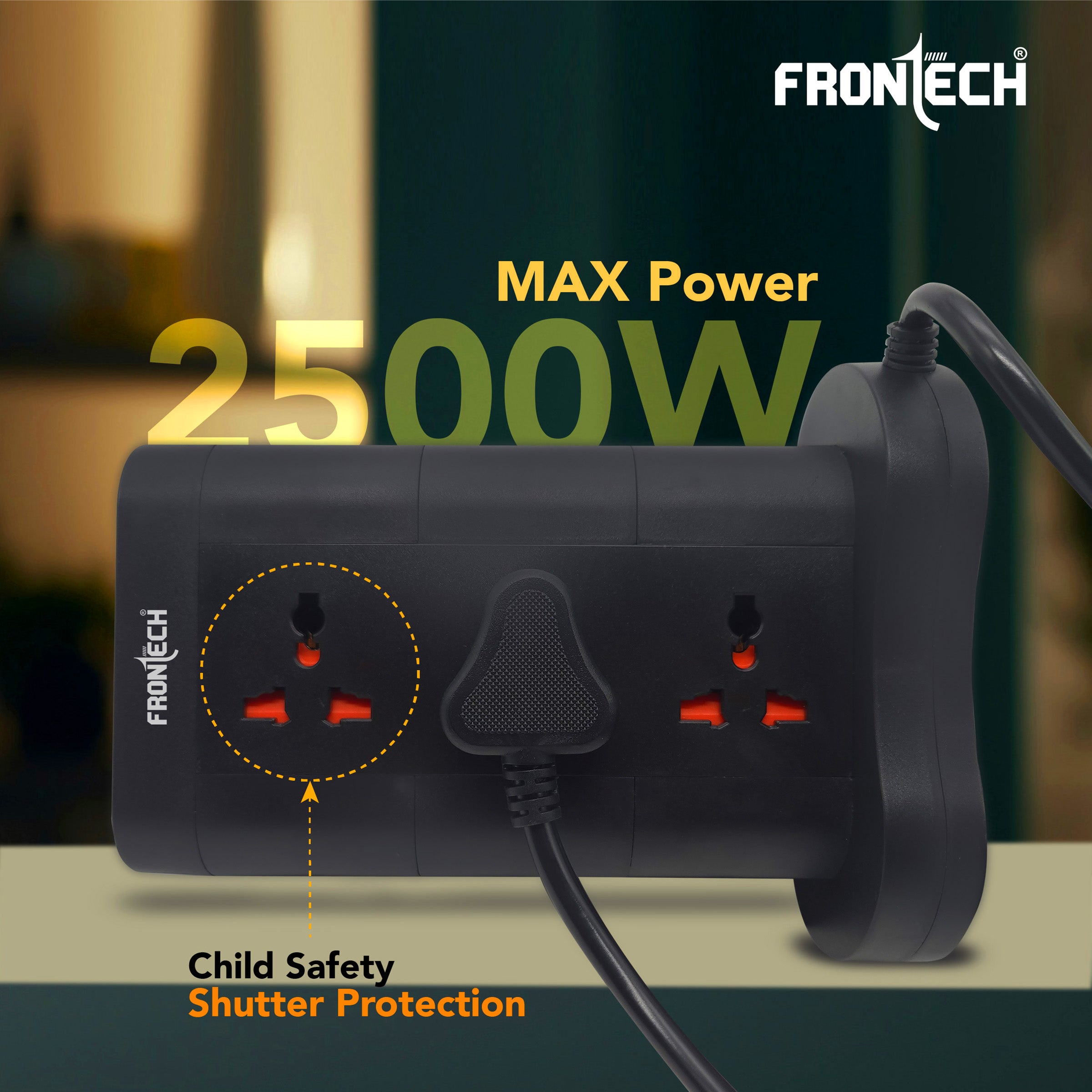 Frontech Power Tower | 9 Universal Sockets | 2 USB Ports + 1 Type-C | 5m Cable | 2500W Load | Child Safety Shutter | Vertical Multi-Plug Extension Board(FT-3564)