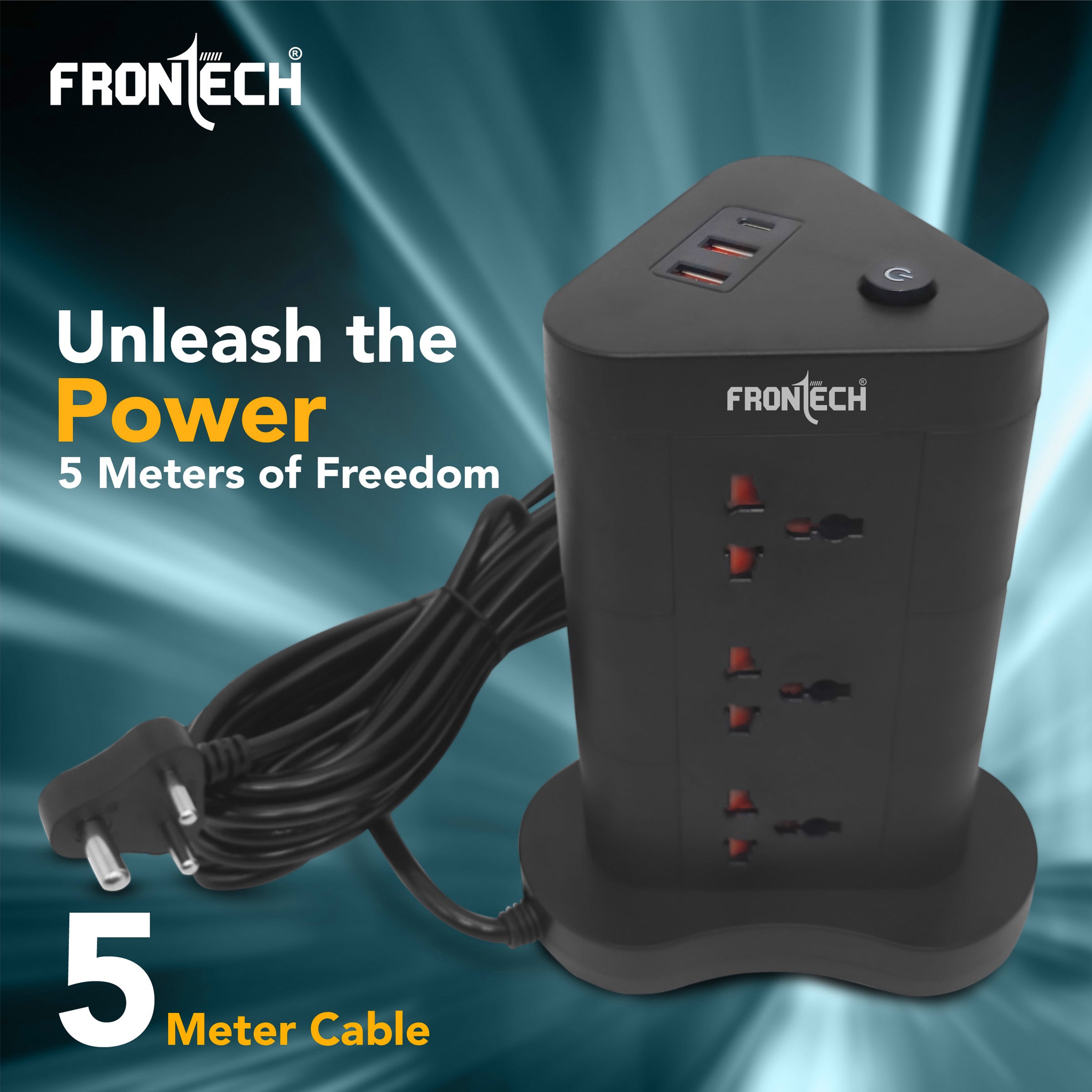 Frontech Power Tower | 9 Universal Sockets | 2 USB Ports + 1 Type-C | 5m Cable | 2500W Load | Child Safety Shutter | Vertical Multi-Plug Extension Board(FT-3564)