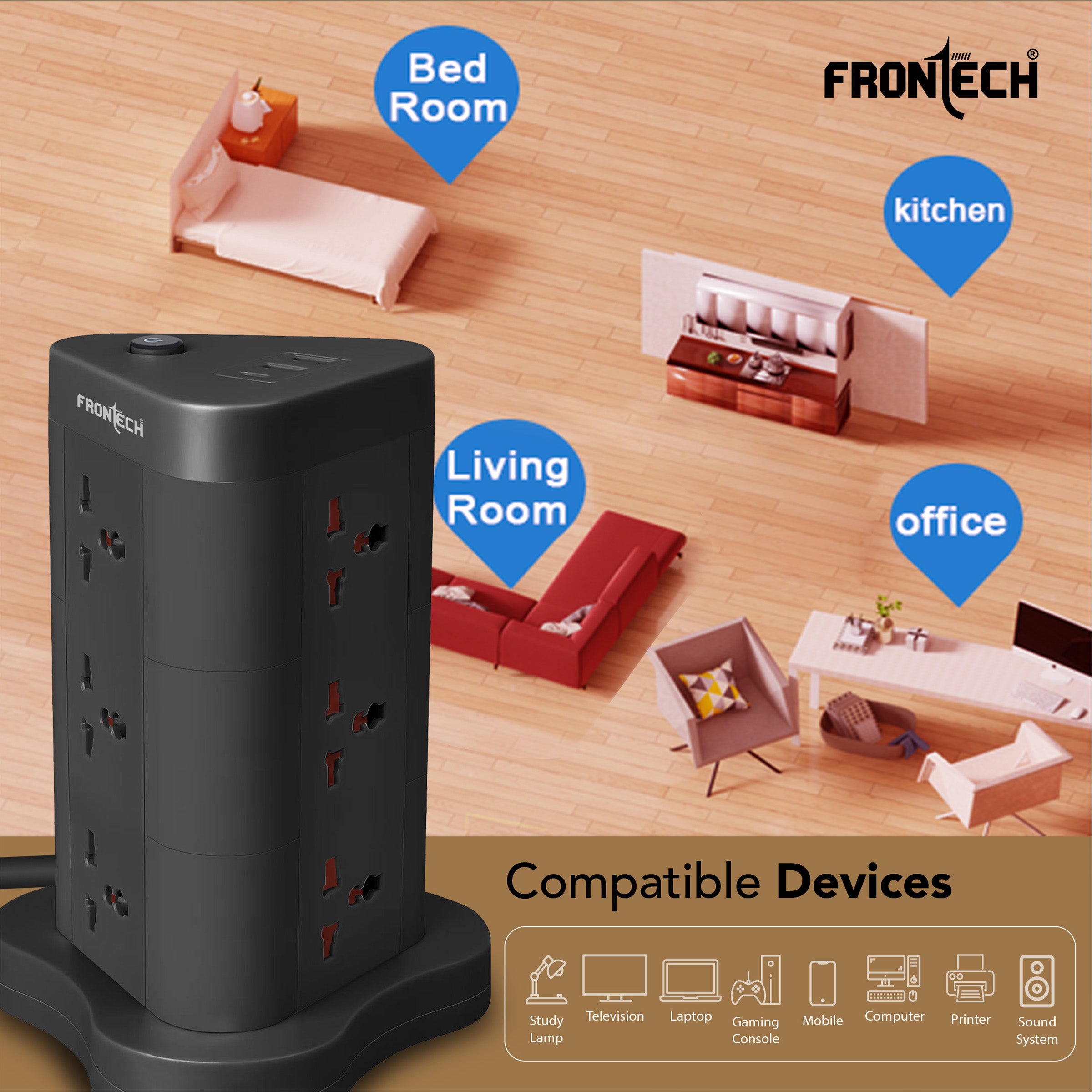 Frontech Power Tower | 9 Universal Sockets | 2 USB Ports + 1 Type-C | 5m Cable | 2500W Load | Child Safety Shutter | Vertical Multi-Plug Extension Board(FT-3564)
