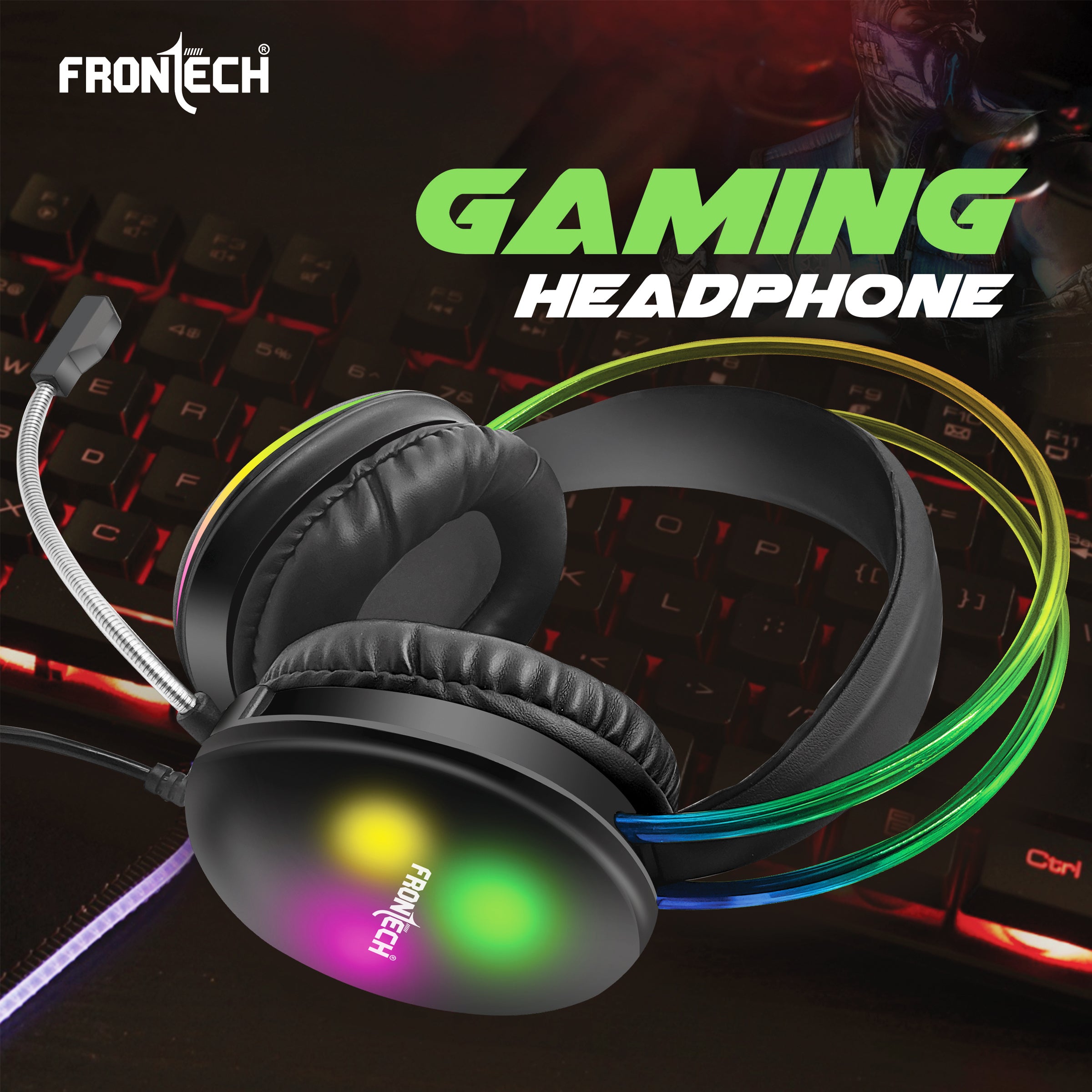 Frontech Gaming Headset with RGB Lights | 50mm Driver | Noise-Cancelling Mic | Volume Control | 3.5mm + USB for RGB | Soft Cushions (HF-0015)
