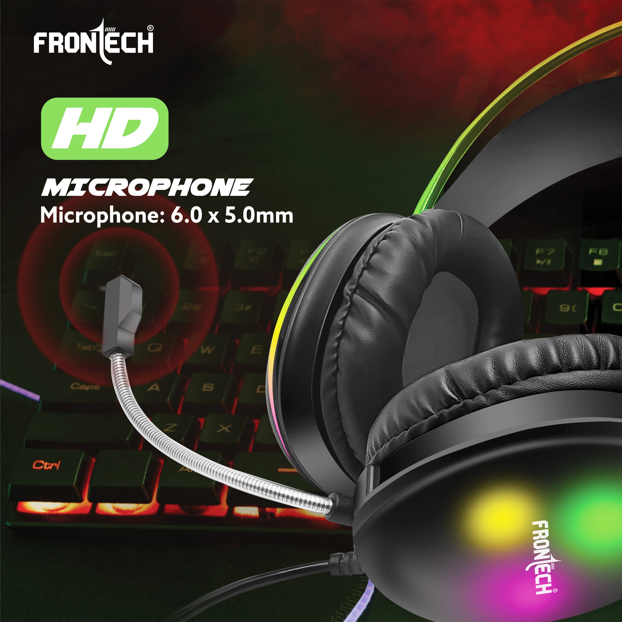 Frontech Gaming Headset with RGB Lights | 50mm Driver | Noise-Cancelling Mic | Volume Control | 3.5mm + USB for RGB | Soft Cushions (HF-0015)
