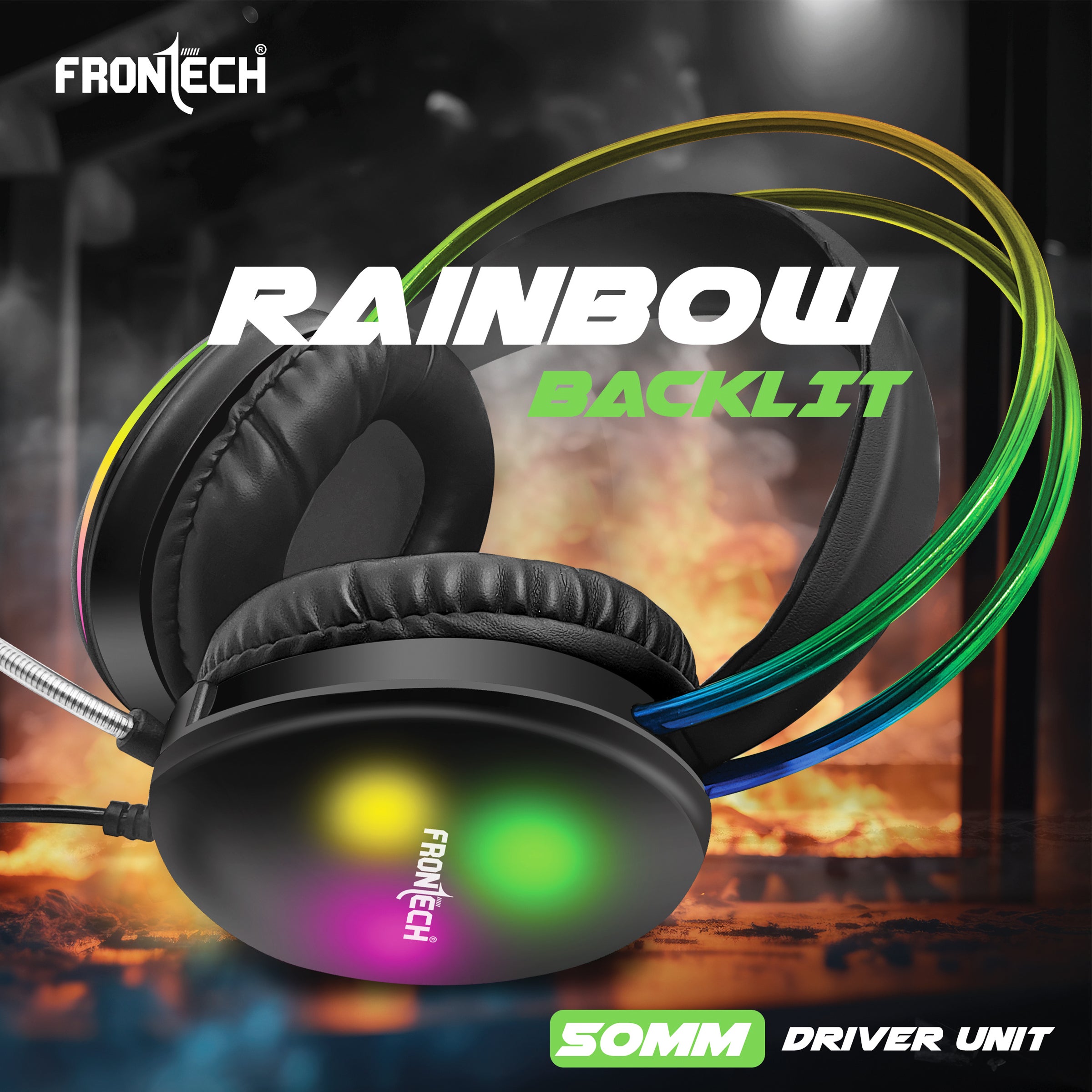 Frontech Gaming Headset with RGB Lights | 50mm Driver | Noise-Cancelling Mic | Volume Control | 3.5mm + USB for RGB | Soft Cushions (HF-0015)