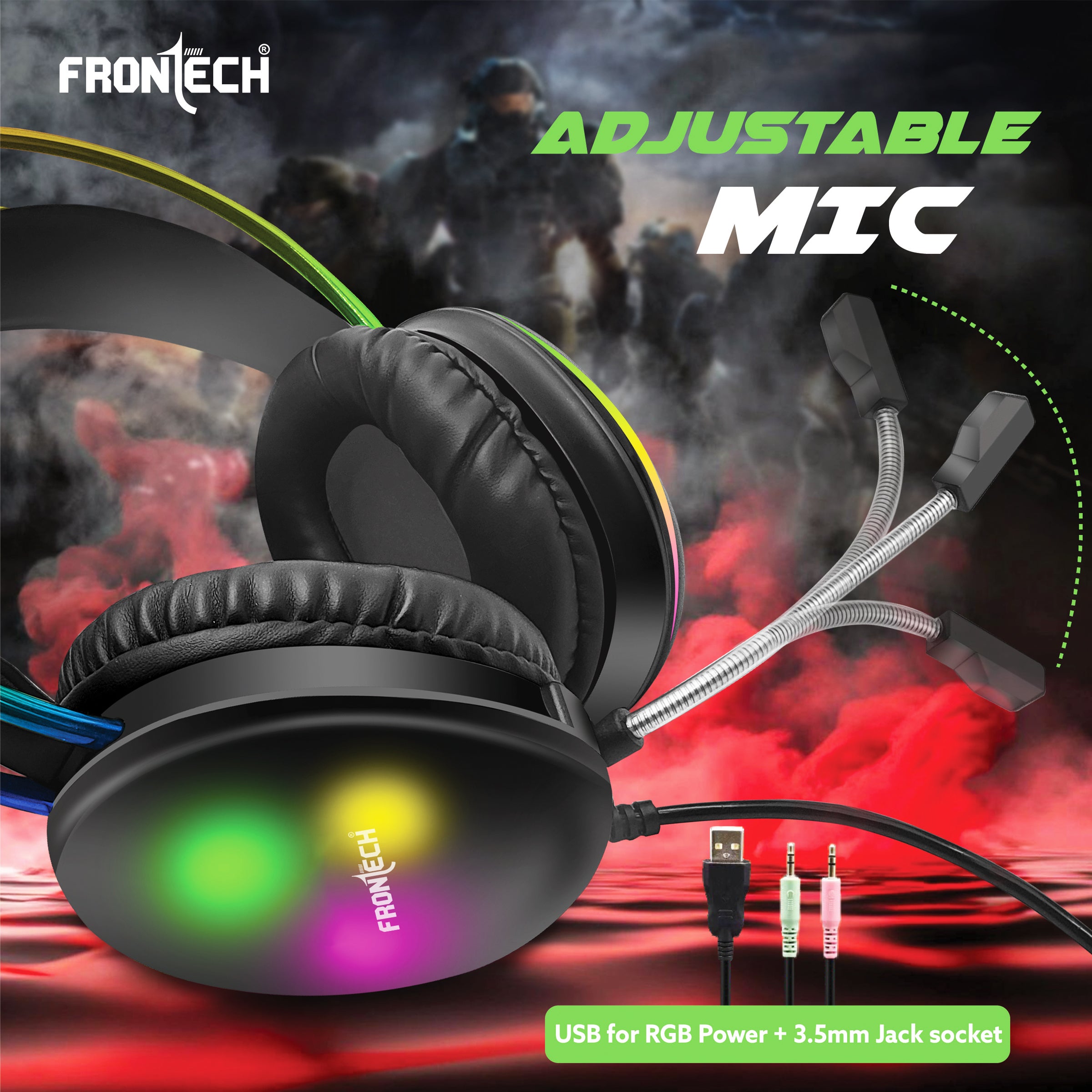 Frontech Gaming Headset with RGB Lights | 50mm Driver | Noise-Cancelling Mic | Volume Control | 3.5mm + USB for RGB | Soft Cushions (HF-0015)