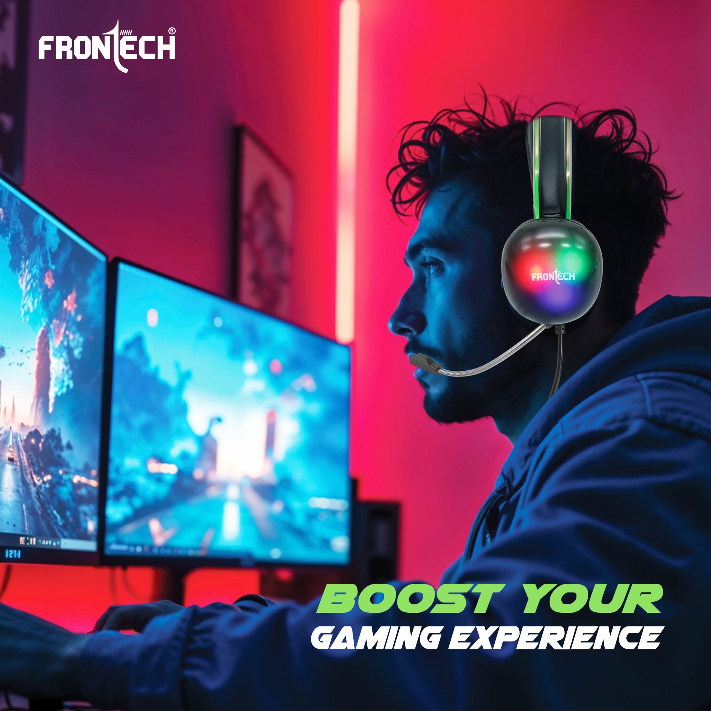 Frontech Gaming Headset with RGB Lights | 50mm Driver | Noise-Cancelling Mic | Volume Control | 3.5mm + USB for RGB | Soft Cushions (HF-0015)