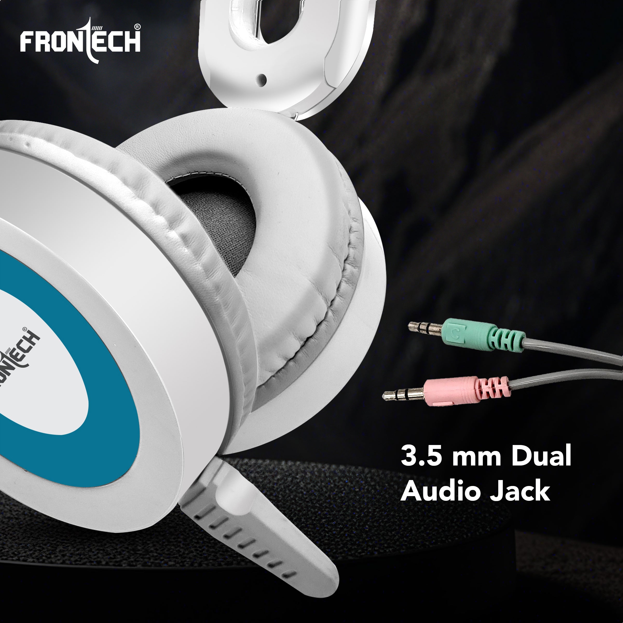 Frontech Wired Over-Ear Multimedia Headphones with Mic | 3.5mm single Audio Jack| Adjustable Headband & Soft Cushions | Compatible with PC, Laptop & Mobile – White & Blue (HF-3452)