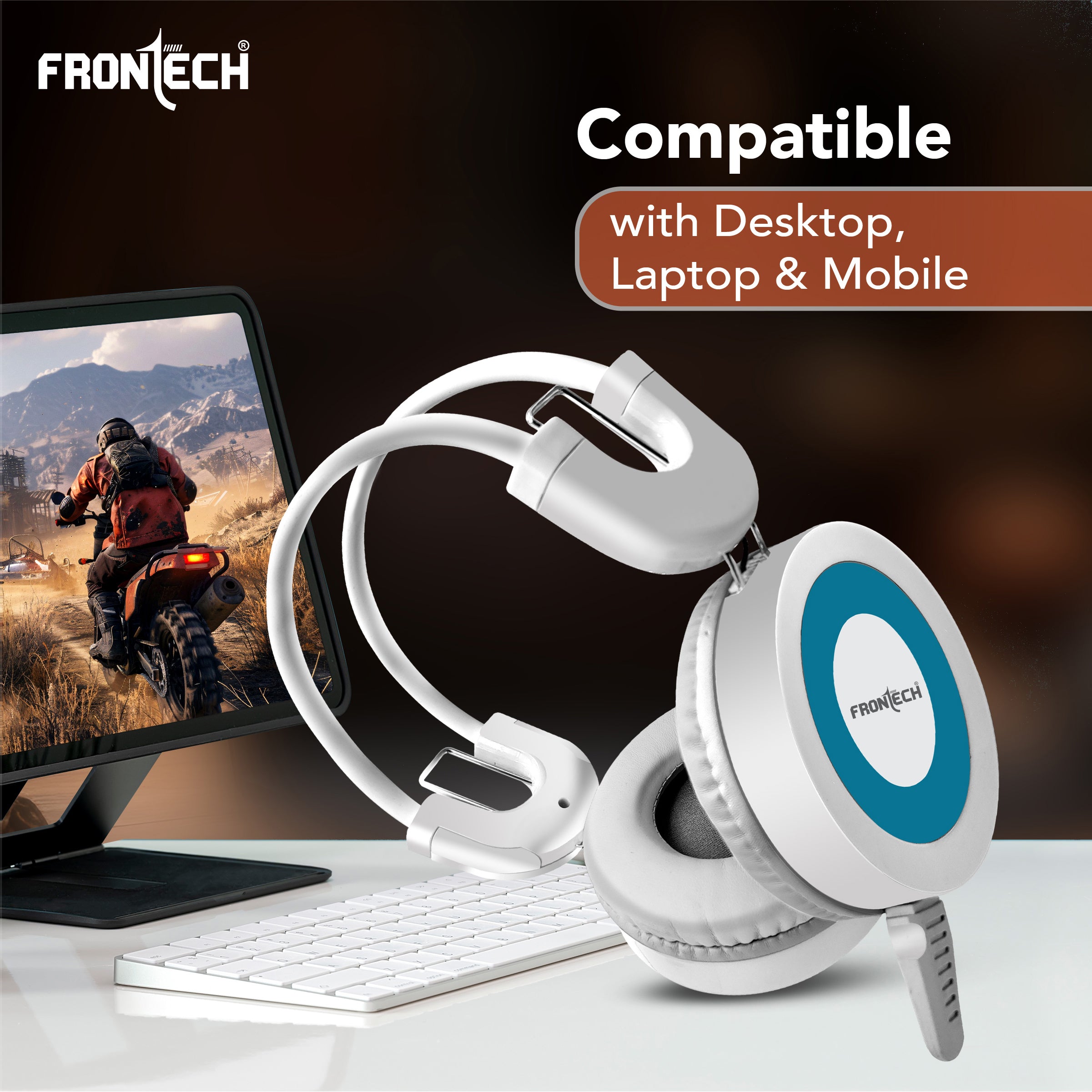 Frontech Wired Over-Ear Multimedia Headphones with Mic | 3.5mm single Audio Jack| Adjustable Headband & Soft Cushions | Compatible with PC, Laptop & Mobile – White & Blue (HF-3452)