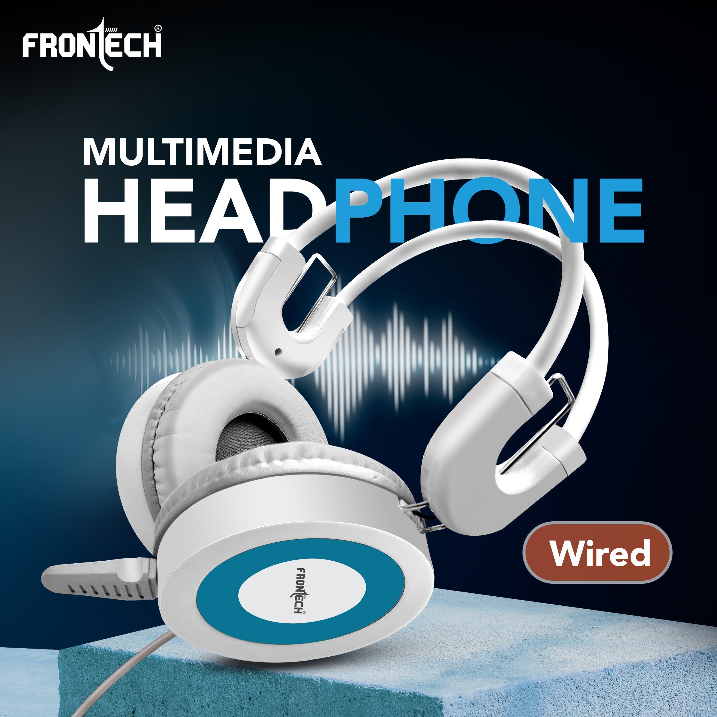 Frontech Wired Over-Ear Multimedia Headphones with Mic | 3.5mm single Audio Jack| Adjustable Headband & Soft Cushions | Compatible with PC, Laptop & Mobile – White & Blue (HF-3452)