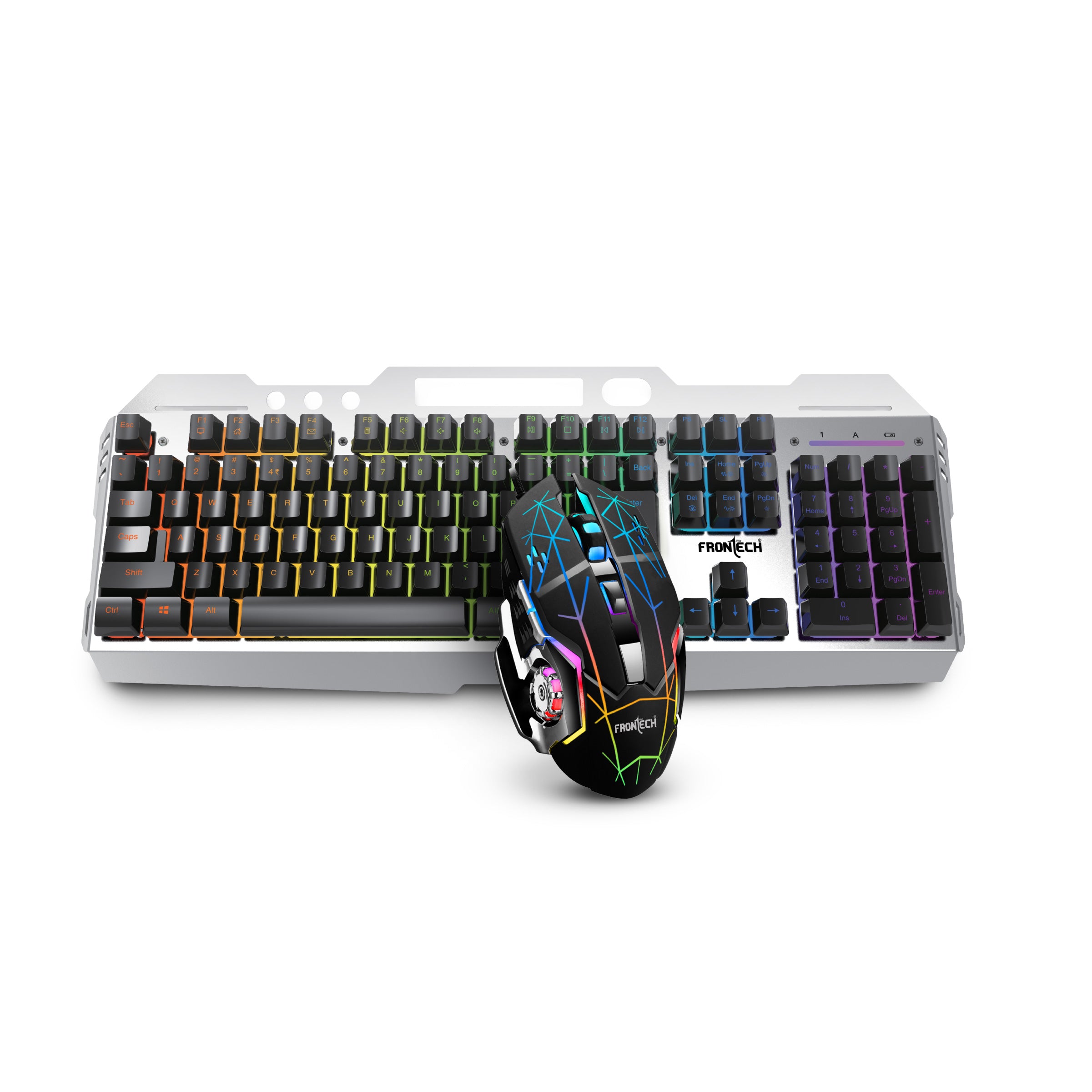 FRONTECH Wireless Gaming Keyboard & Mouse Combo | Rainbow Backlit | 2.4GHz | 4800 DPI | Rechargeable | Type-C | 104 keys | Windows/Mac/Android/iOS Compatible (KB-0025B)