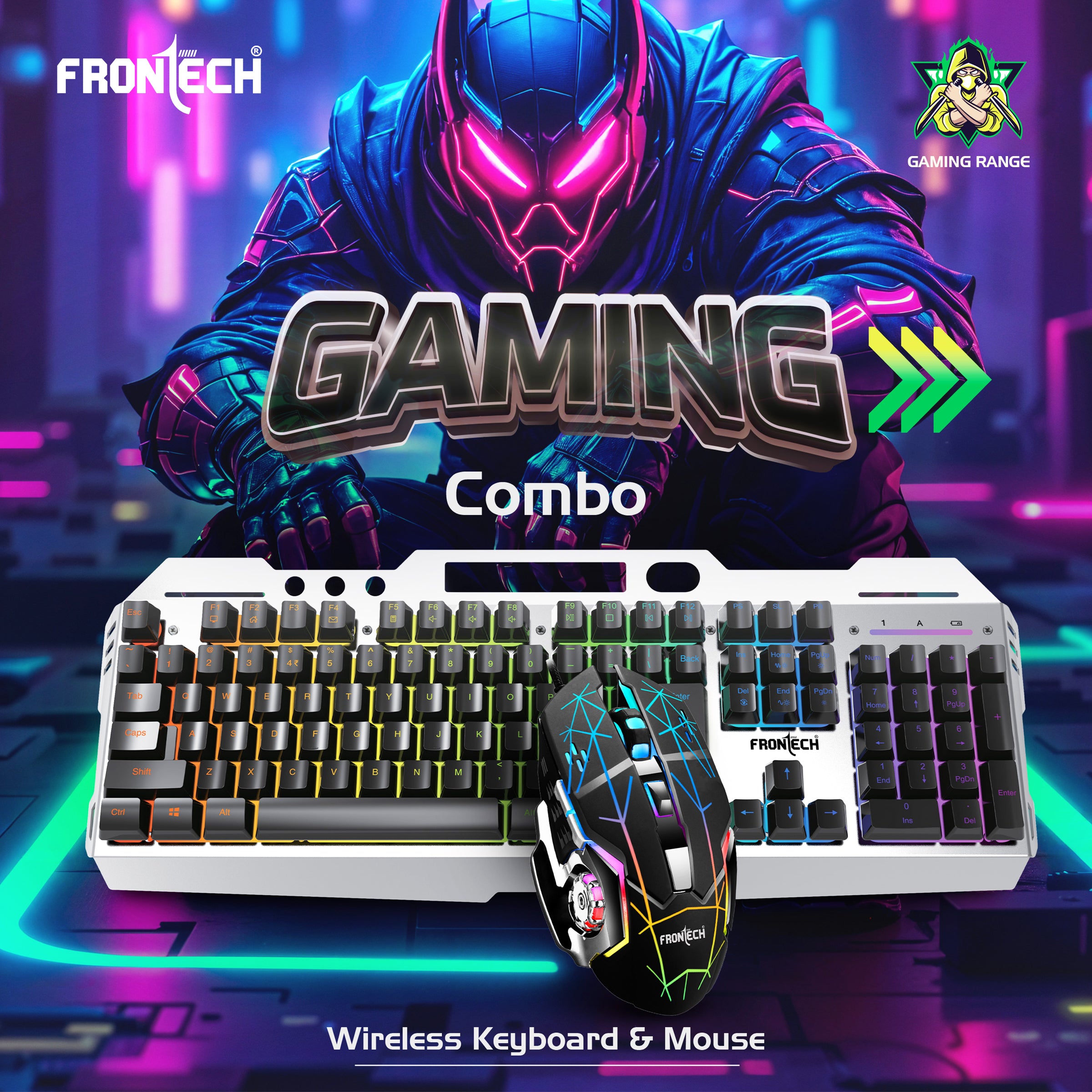 FRONTECH Wireless Gaming Keyboard & Mouse Combo | Rainbow Backlit | 2.4GHz | 4800 DPI | Rechargeable | Type-C | 104 keys | Windows/Mac/Android/iOS Compatible (KB-0025B)