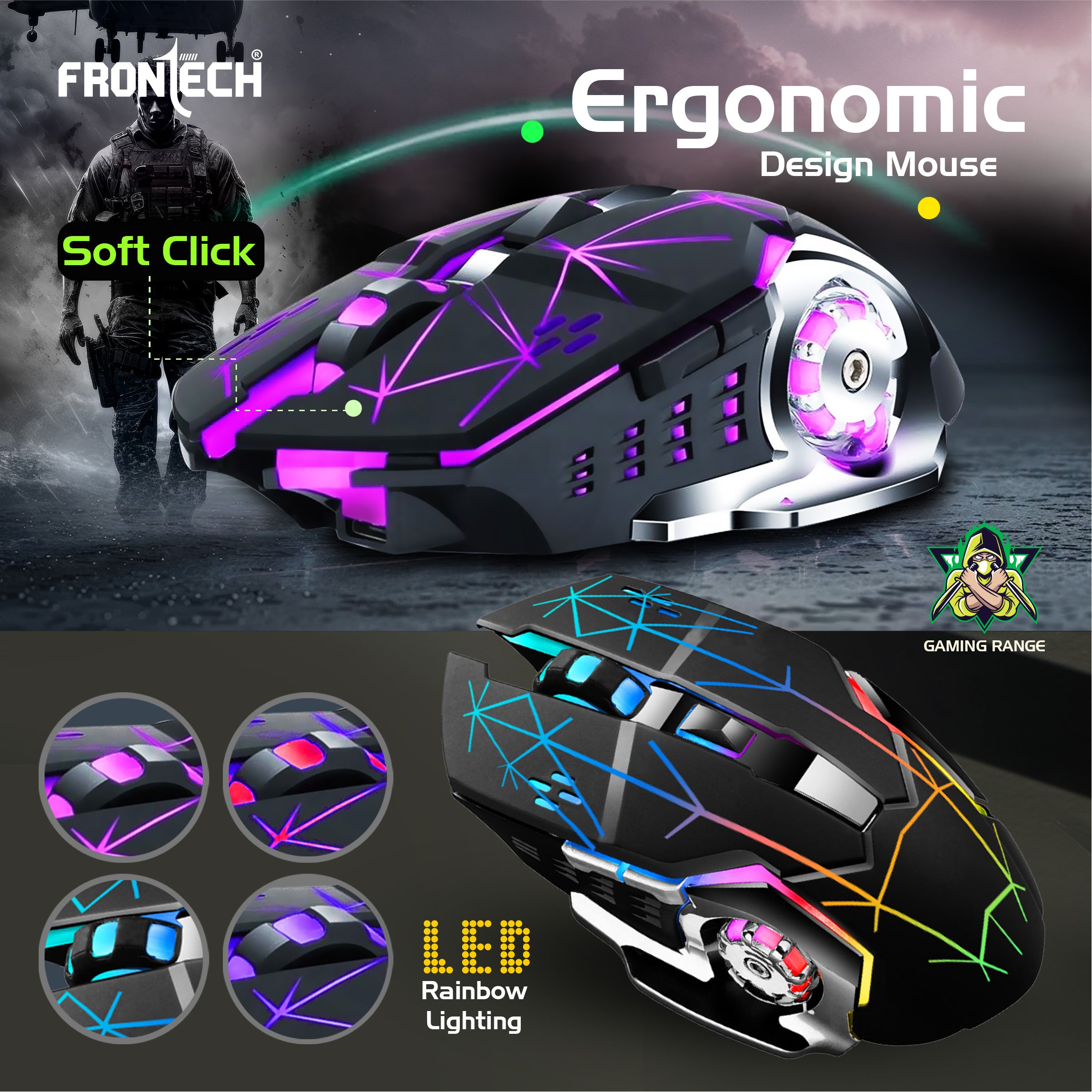 FRONTECH Wireless Gaming Keyboard & Mouse Combo | Rainbow Backlit | 2.4GHz | 4800 DPI | Rechargeable | Type-C | 104 keys | Windows/Mac/Android/iOS Compatible (KB-0025B)