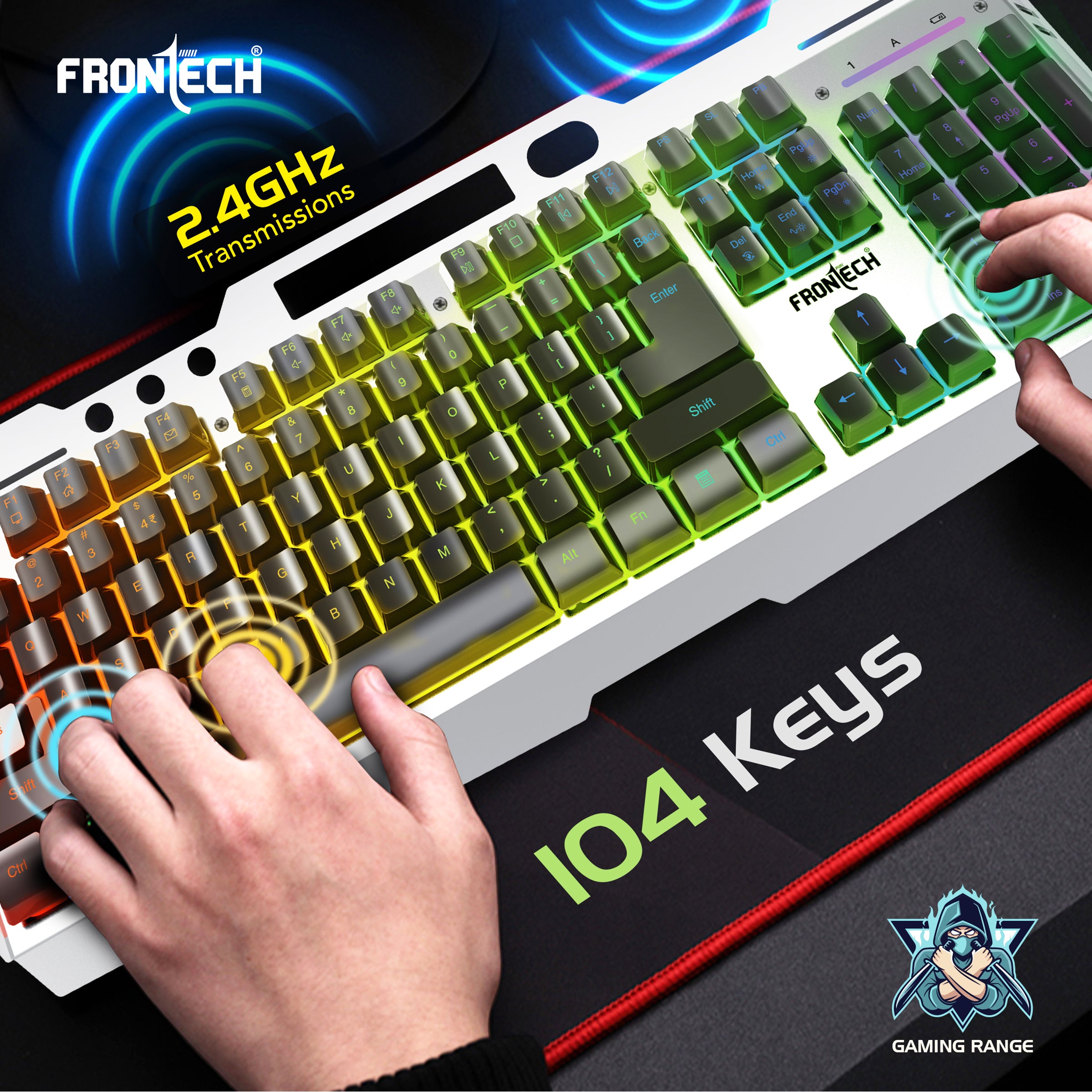 FRONTECH Wireless Gaming Keyboard & Mouse Combo | Rainbow Backlit | 2.4GHz | 4800 DPI | Rechargeable | Type-C | 104 keys | Windows/Mac/Android/iOS Compatible (KB-0025B)