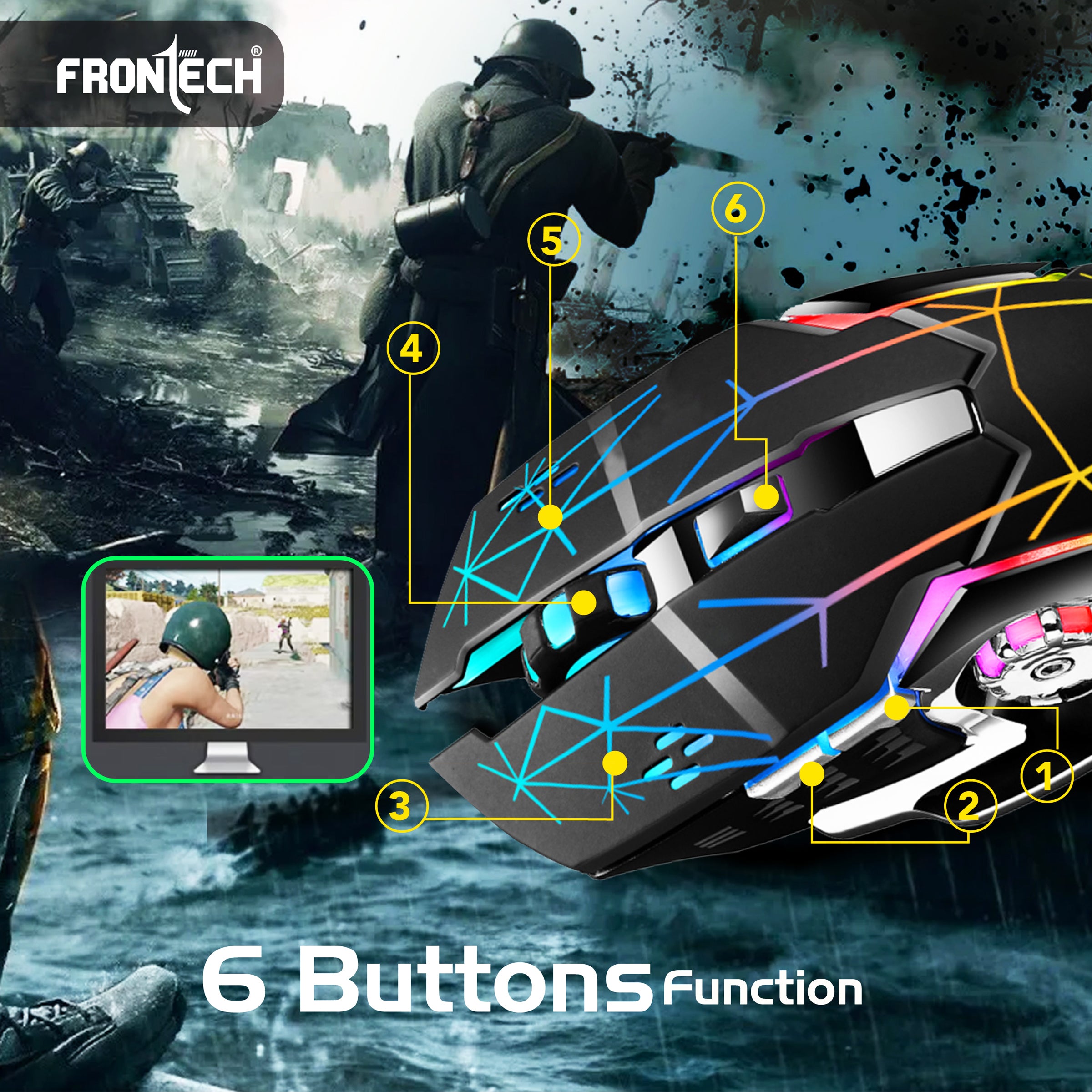 FRONTECH Wireless Gaming Keyboard & Mouse Combo | Rainbow Backlit | 2.4GHz | 4800 DPI | Rechargeable | Type-C | 104 keys | Windows/Mac/Android/iOS Compatible (KB-0025B)