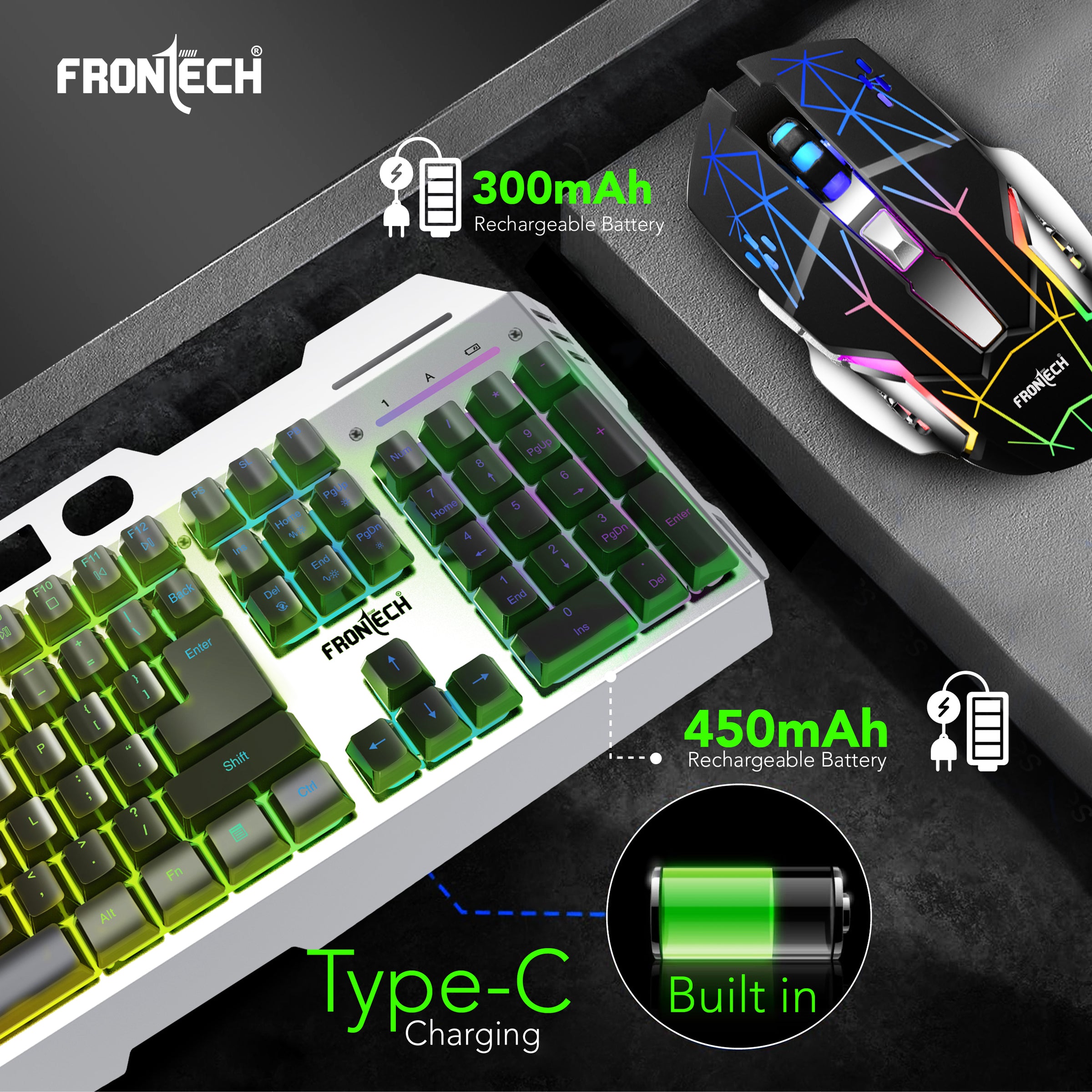 FRONTECH Wireless Gaming Keyboard & Mouse Combo | Rainbow Backlit | 2.4GHz | 4800 DPI | Rechargeable | Type-C | 104 keys | Windows/Mac/Android/iOS Compatible (KB-0025B)