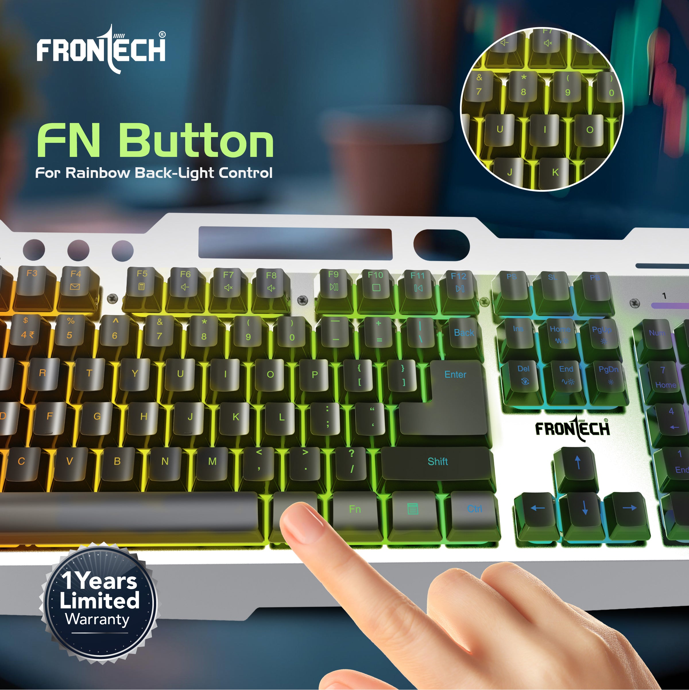 FRONTECH Wireless Gaming Keyboard & Mouse Combo | Rainbow Backlit | 2.4GHz | 4800 DPI | Rechargeable | Type-C | 104 keys | Windows/Mac/Android/iOS Compatible (KB-0025B)