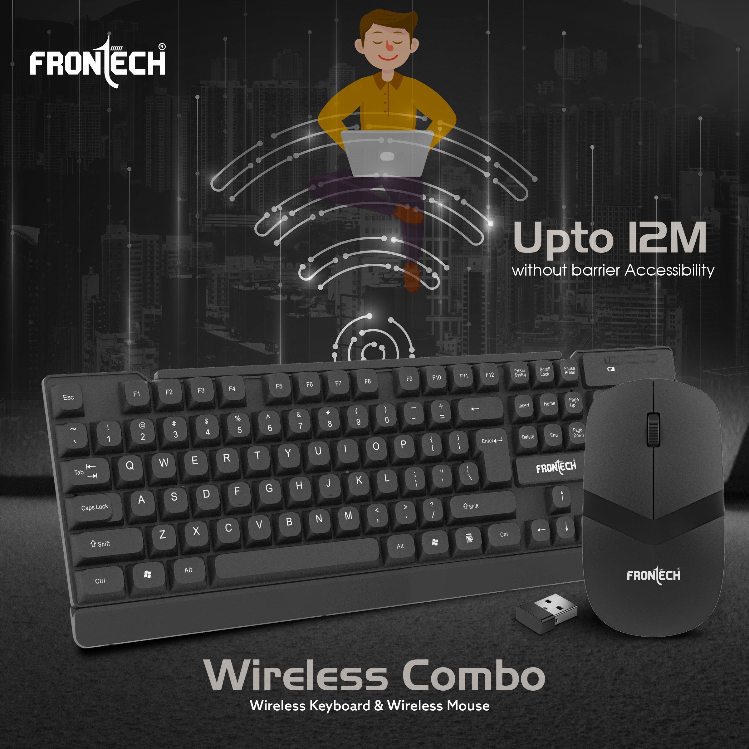Frontech Wireless Keyboard & Mouse Combo | 2.4GHz Connectivity | 1600 DPI Mouse | 104 Keys | Power Saving | Adjustable Height | USB Nano Receiver (KB-0027P)