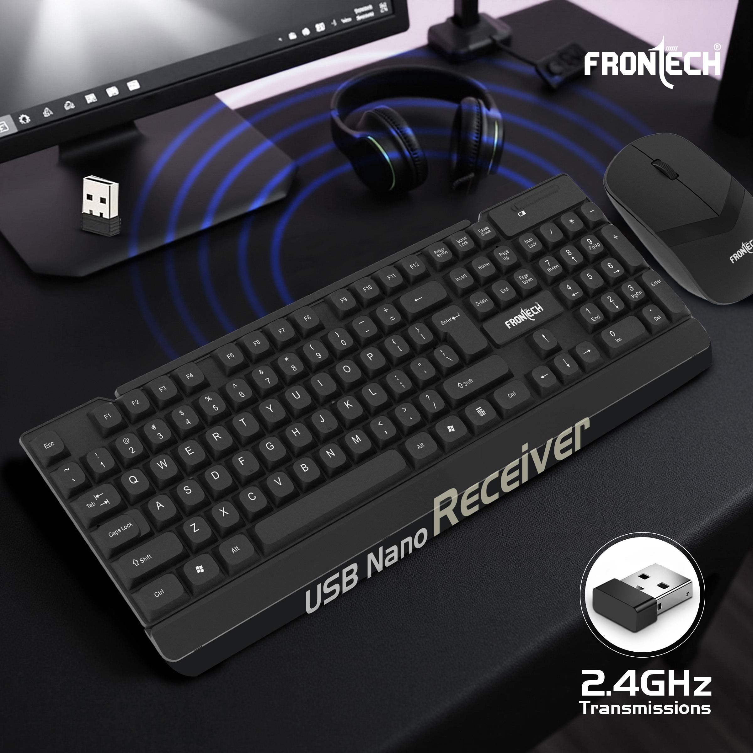 Frontech Wireless Keyboard & Mouse Combo | 2.4GHz Connectivity | 1600 DPI Mouse | 104 Keys | Power Saving | Adjustable Height | USB Nano Receiver (KB-0027P)