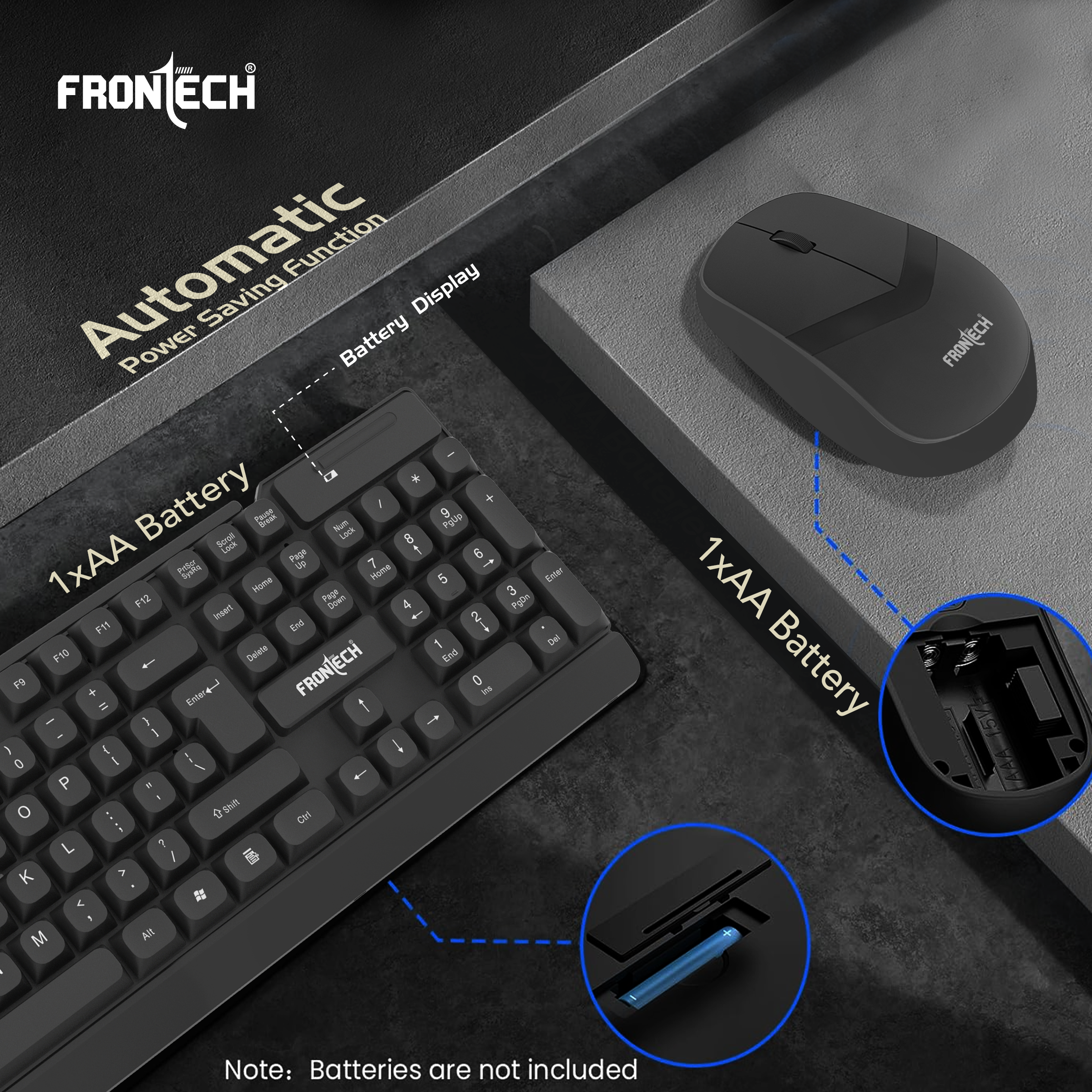 Frontech Wireless Keyboard & Mouse Combo | 2.4GHz Connectivity | 1600 DPI Mouse | 104 Keys | Power Saving | Adjustable Height | USB Nano Receiver (KB-0027P)