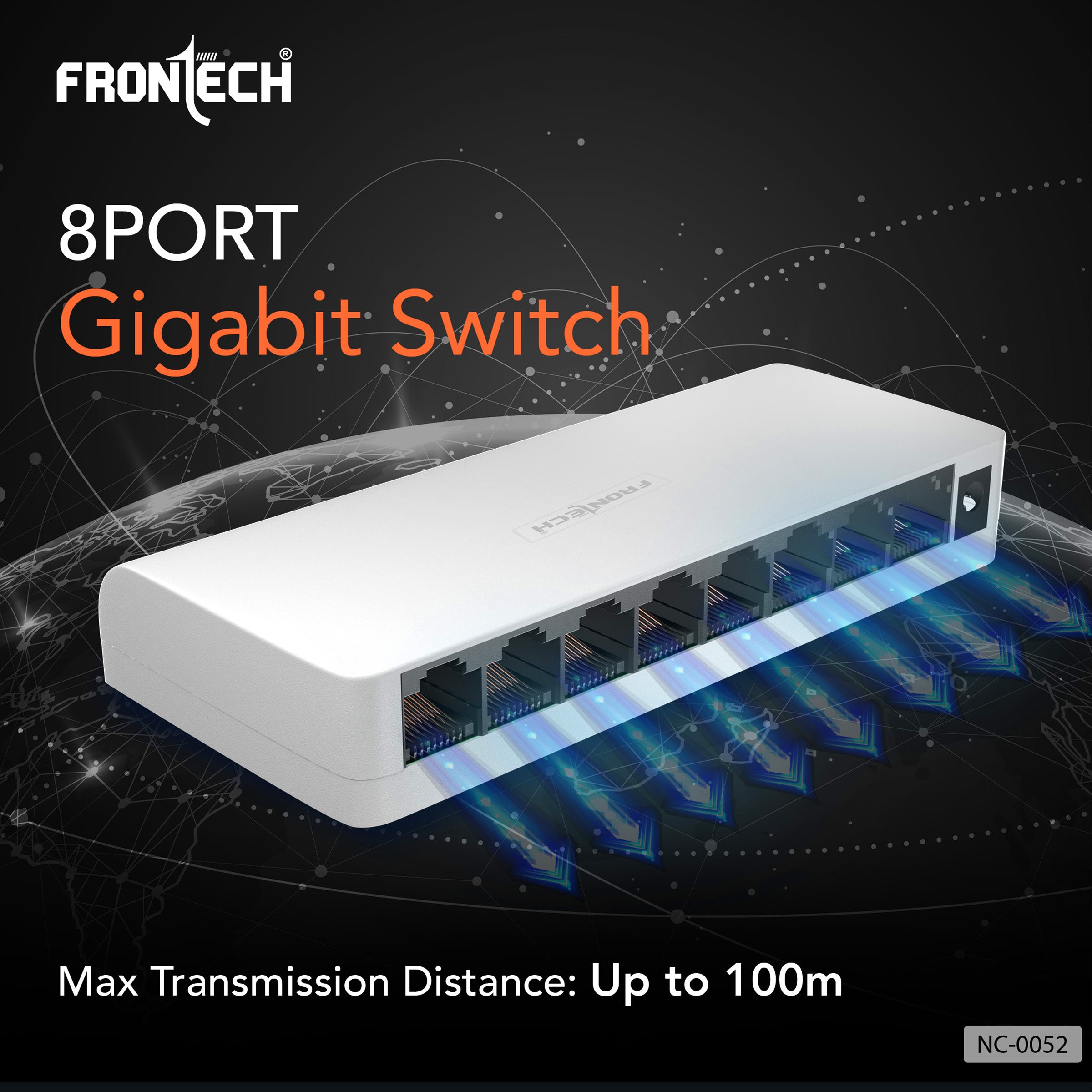 FRONTECH 8 Port Gigabit Ethernet Switch | 10/100/1000Mbps | Plug & Play LAN Hub for Router, Computer, Gaming Console, Printer & IP Camera | Wall Mountable | Hi-Speed Network Switch (NC-0052)