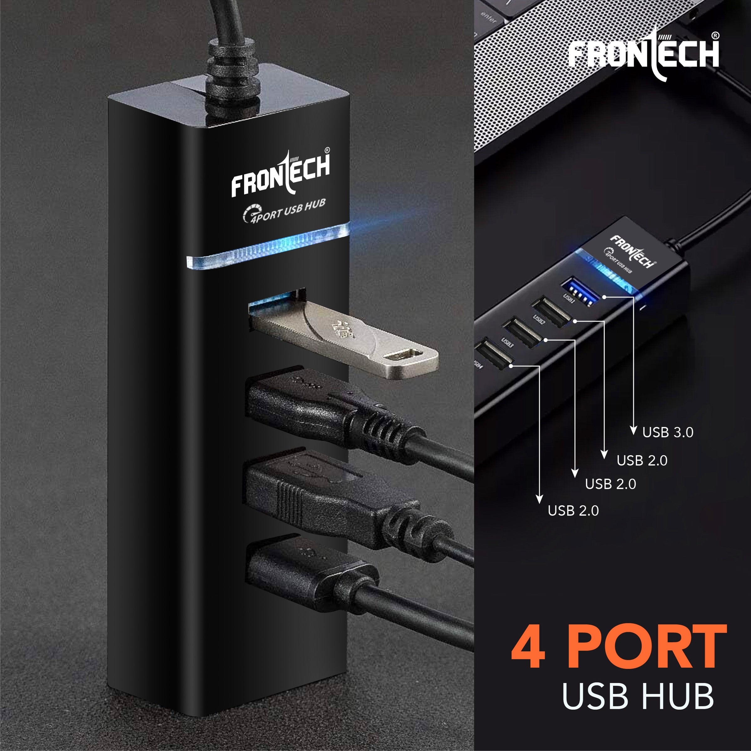 Frontech USB HUB 4 in 1 | 1 x USB 3.0 + 3 x USB 2.0 | High-Speed Data Transfer | LED Indicator | Plug & Play | Compatible with Windows, Mac & Linux(NC-0053)