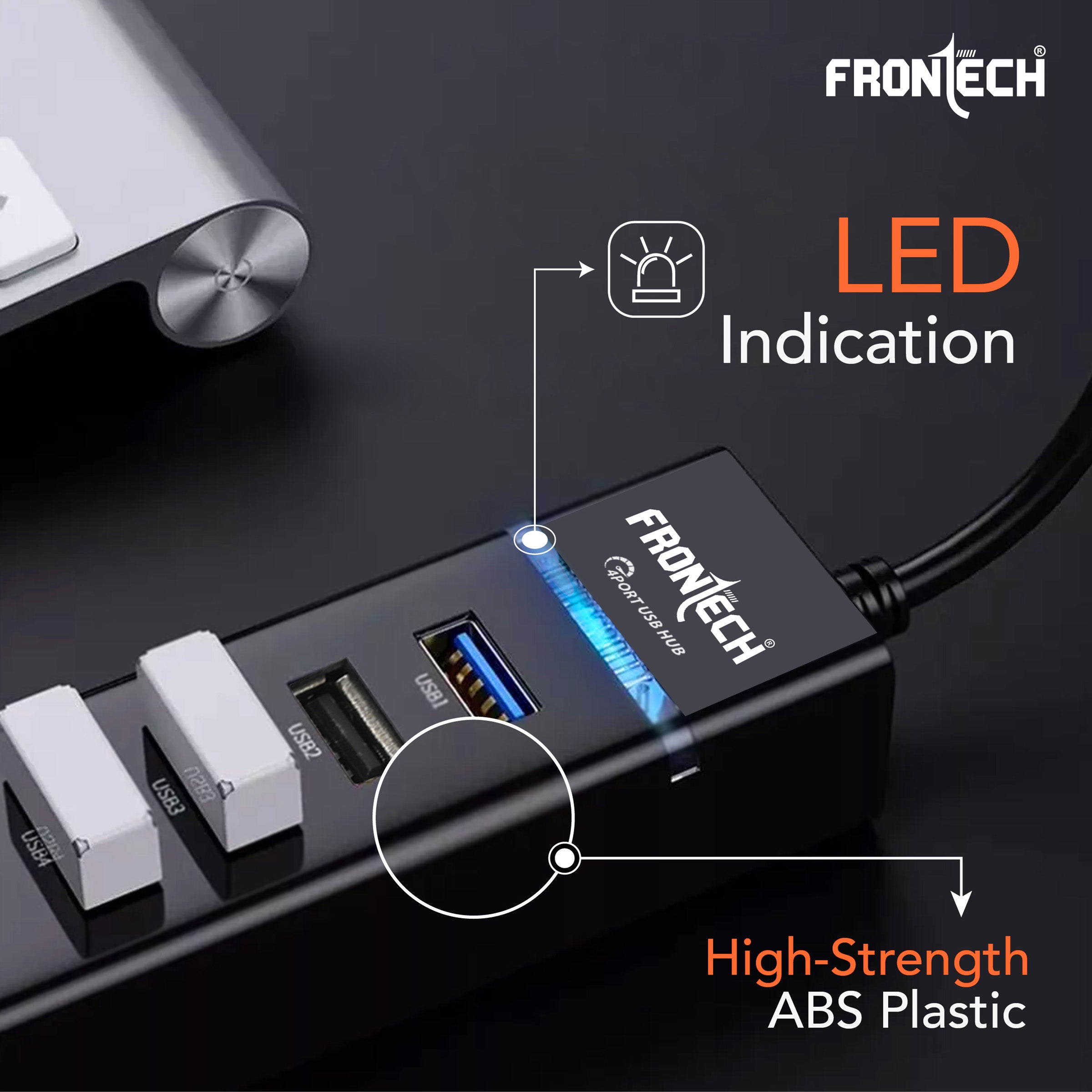 Frontech USB HUB 4 in 1 | 1 x USB 3.0 + 3 x USB 2.0 | High-Speed Data Transfer | LED Indicator | Plug & Play | Compatible with Windows, Mac & Linux(NC-0053)