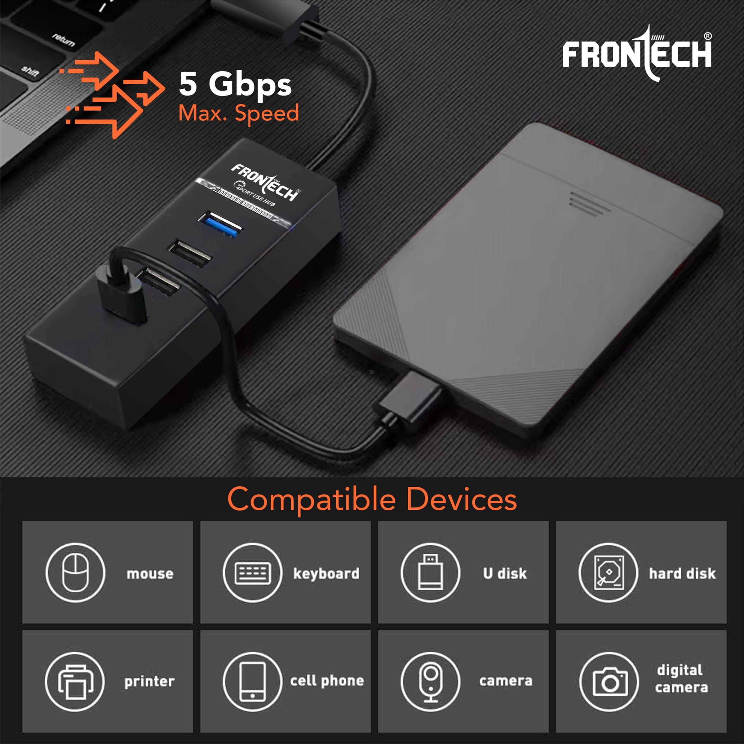 Frontech USB HUB 4 in 1 | 1 x USB 3.0 + 3 x USB 2.0 | High-Speed Data Transfer | LED Indicator | Plug & Play | Compatible with Windows, Mac & Linux(NC-0053)