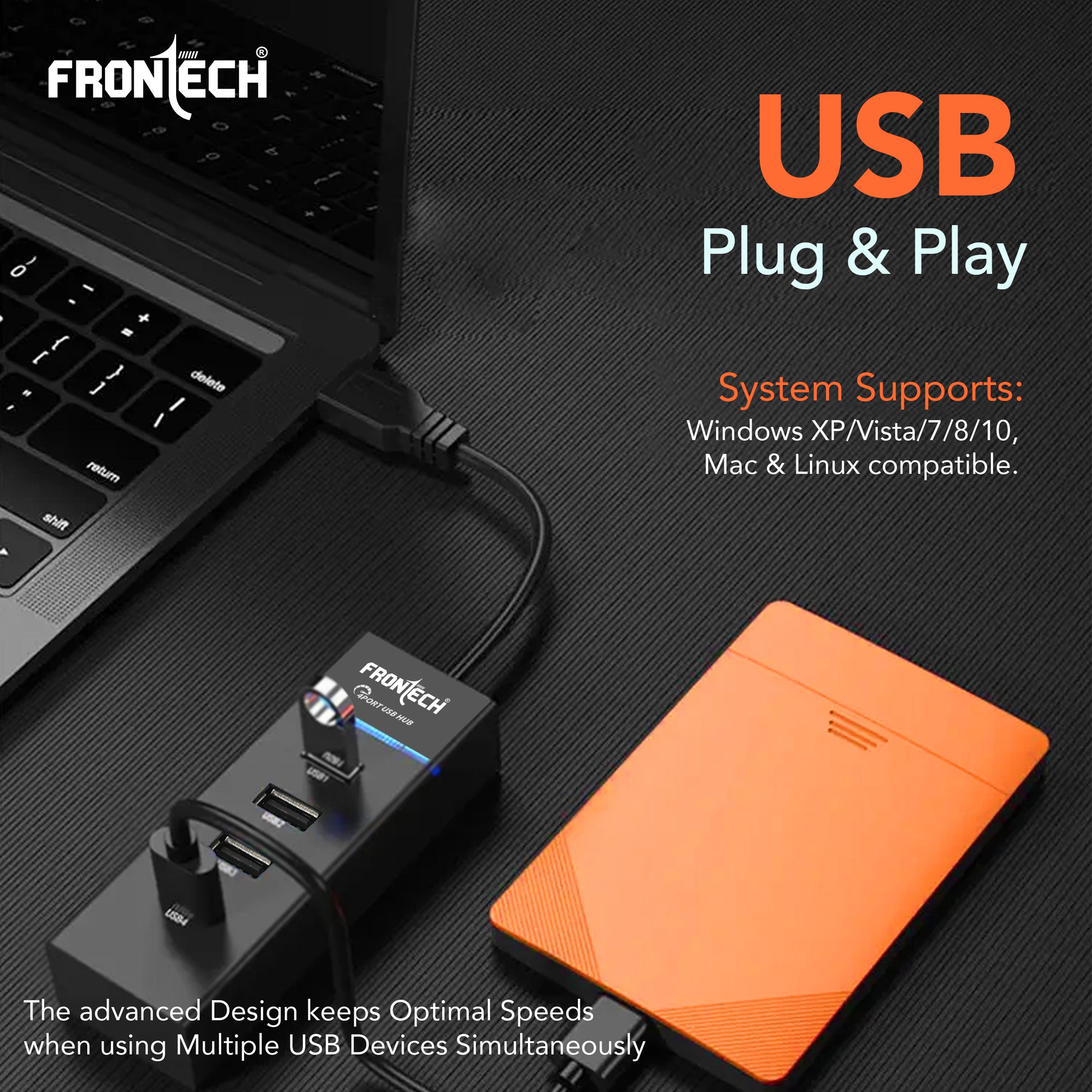 Frontech USB HUB 4 in 1 | 1 x USB 3.0 + 3 x USB 2.0 | High-Speed Data Transfer | LED Indicator | Plug & Play | Compatible with Windows, Mac & Linux(NC-0053)