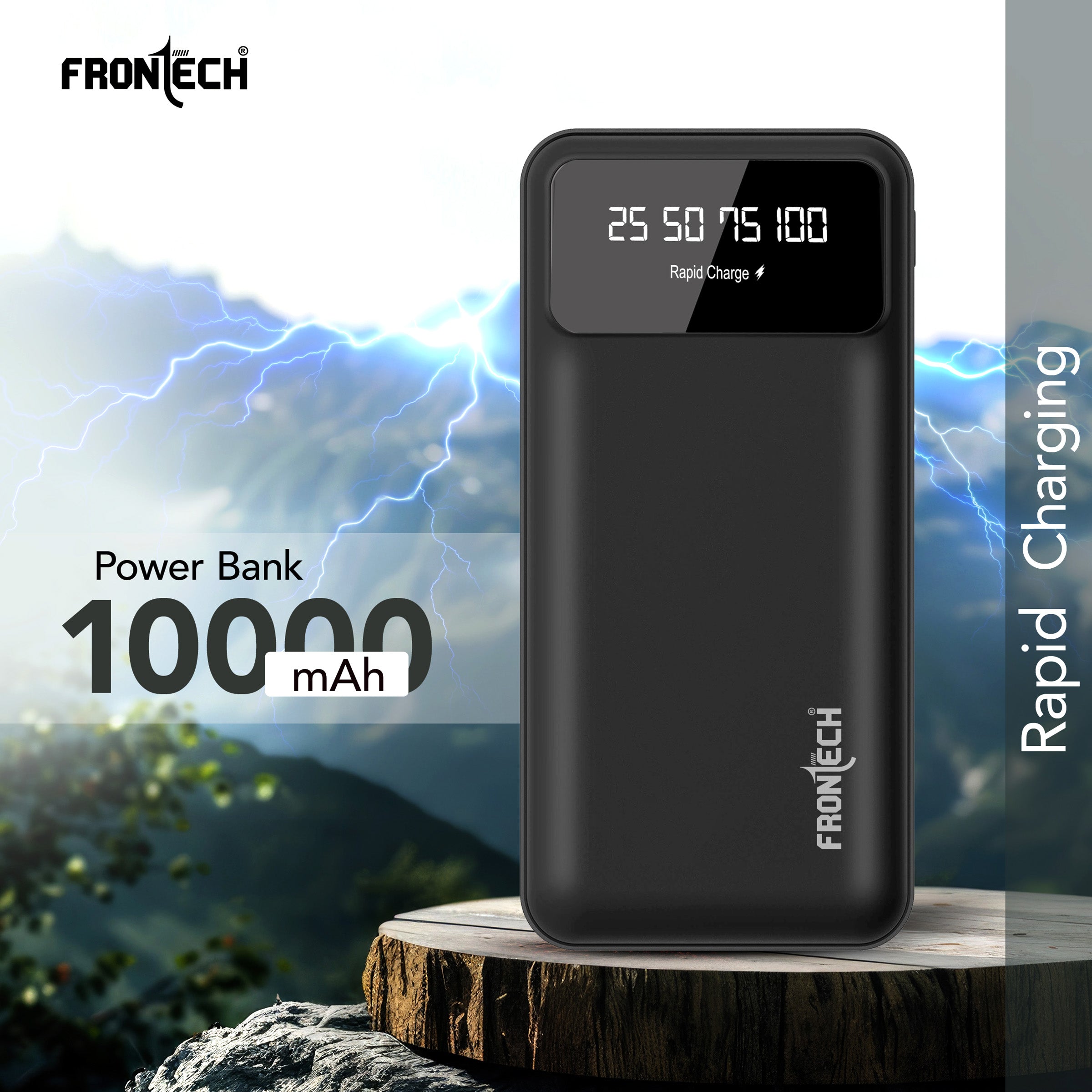 Frontech 10000mAh Power Bank | 22.5W Rapid Charging | Dual USB Output & Type-C Input | LED Torch Light & Battery Indicator | Li-Polymer Battery (PB-0006)