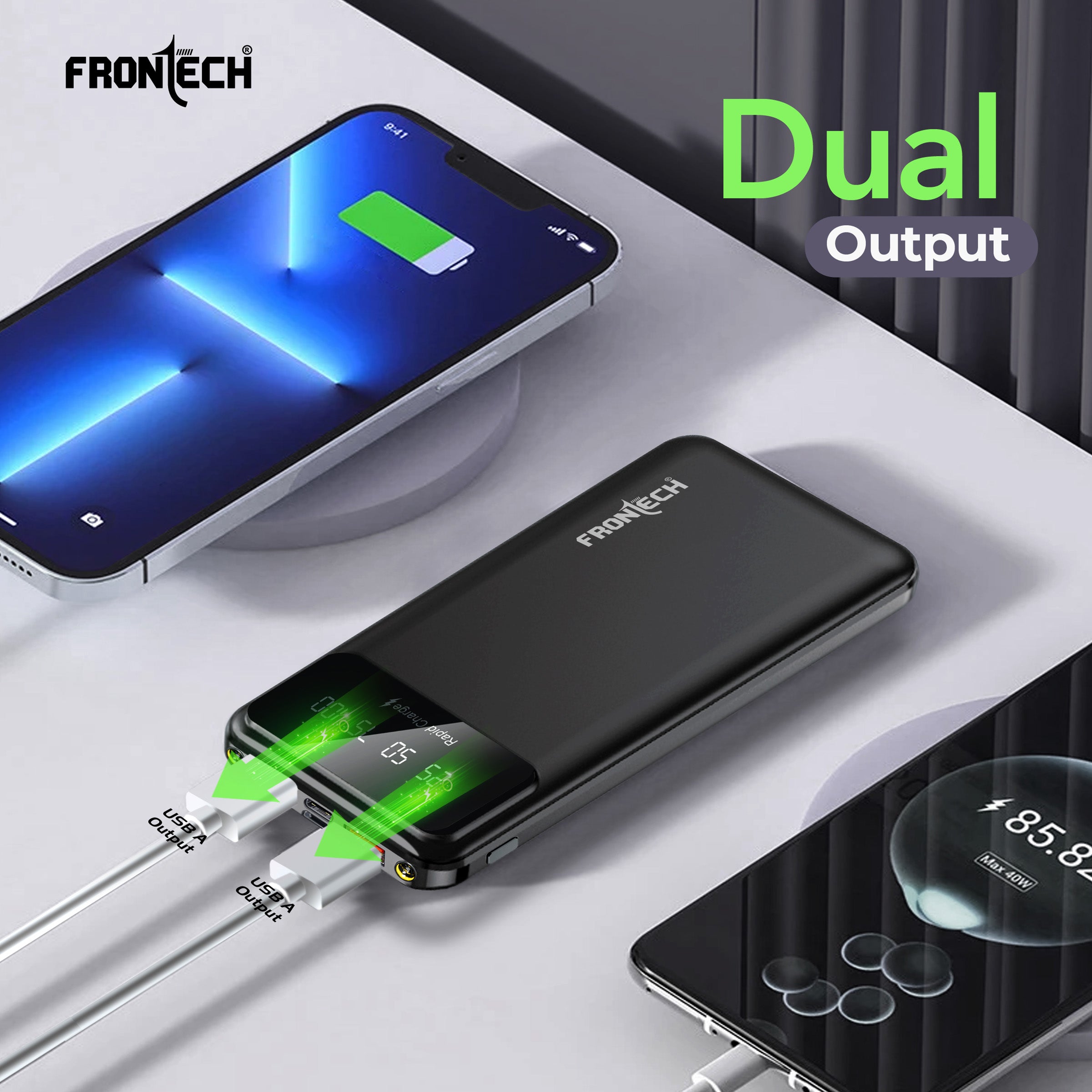 Frontech 10000mAh Power Bank | 22.5W Rapid Charging | Dual USB Output & Type-C Input | LED Torch Light & Battery Indicator | Li-Polymer Battery (PB-0006)