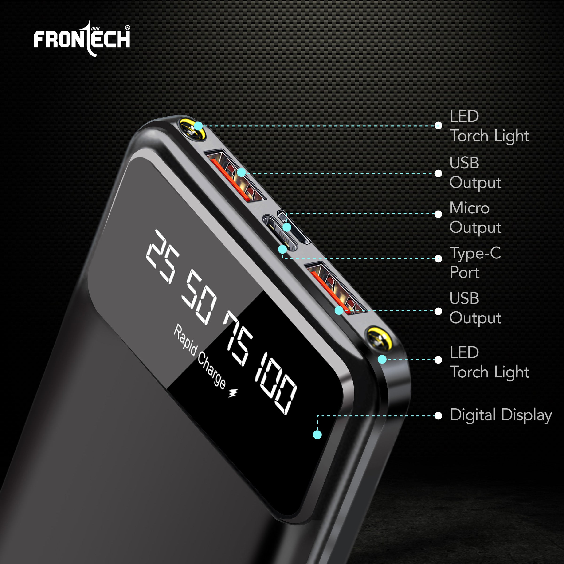 Frontech 10000mAh Power Bank | 22.5W Rapid Charging | Dual USB Output & Type-C Input | LED Torch Light & Battery Indicator | Li-Polymer Battery (PB-0006)