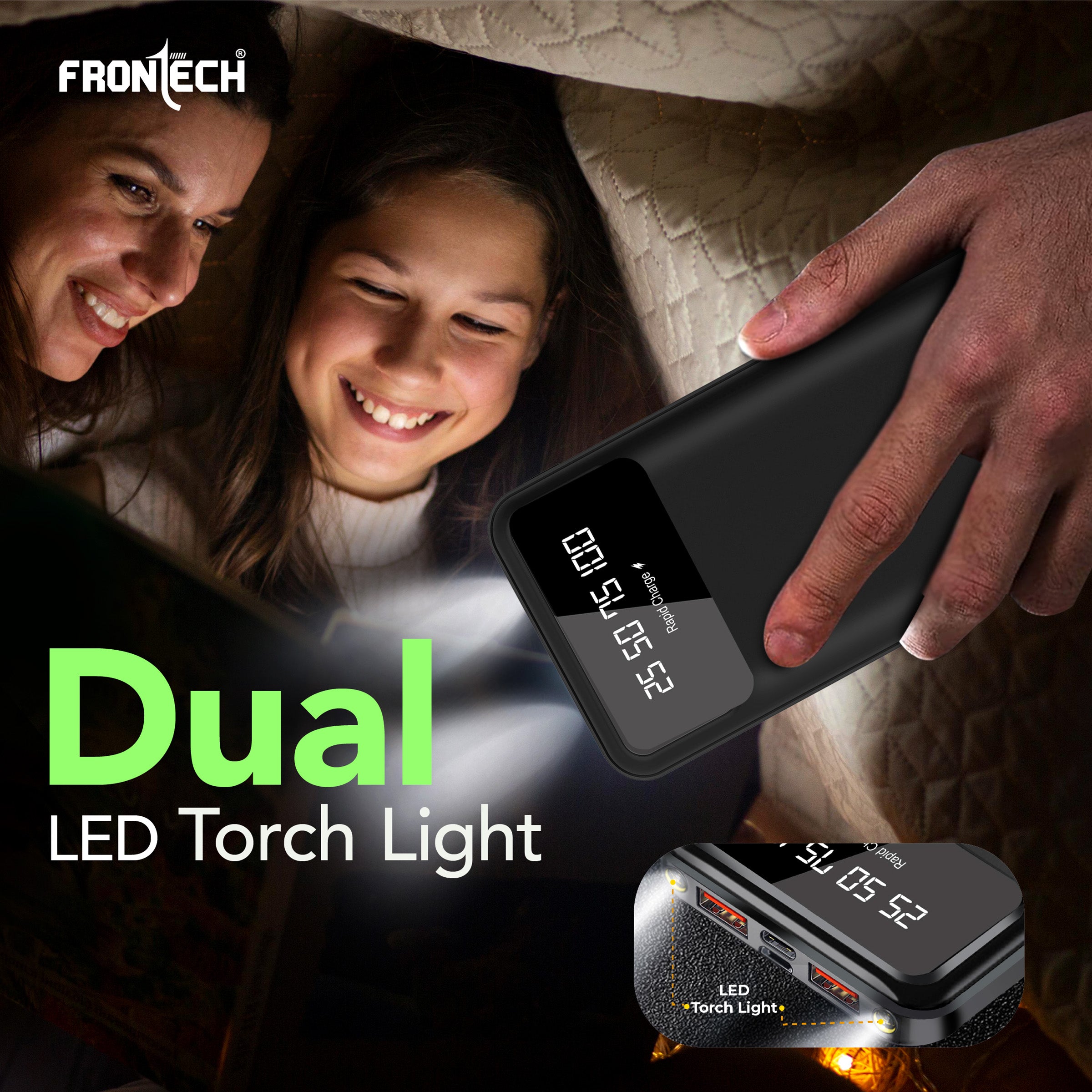 Frontech 10000mAh Power Bank | 22.5W Rapid Charging | Dual USB Output & Type-C Input | LED Torch Light & Battery Indicator | Li-Polymer Battery (PB-0006)