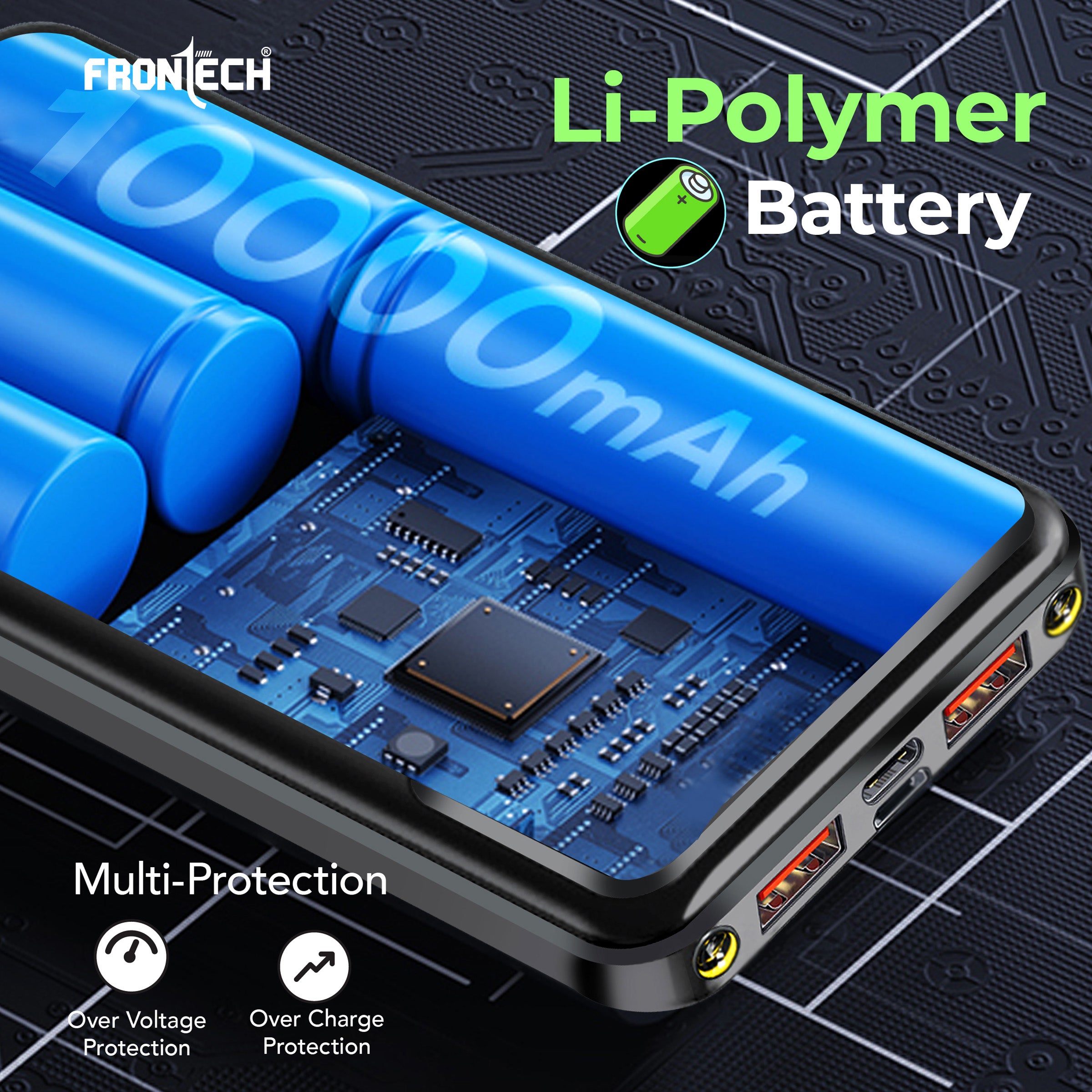 Frontech 10000mAh Power Bank | 22.5W Rapid Charging | Dual USB Output & Type-C Input | LED Torch Light & Battery Indicator | Li-Polymer Battery (PB-0006)