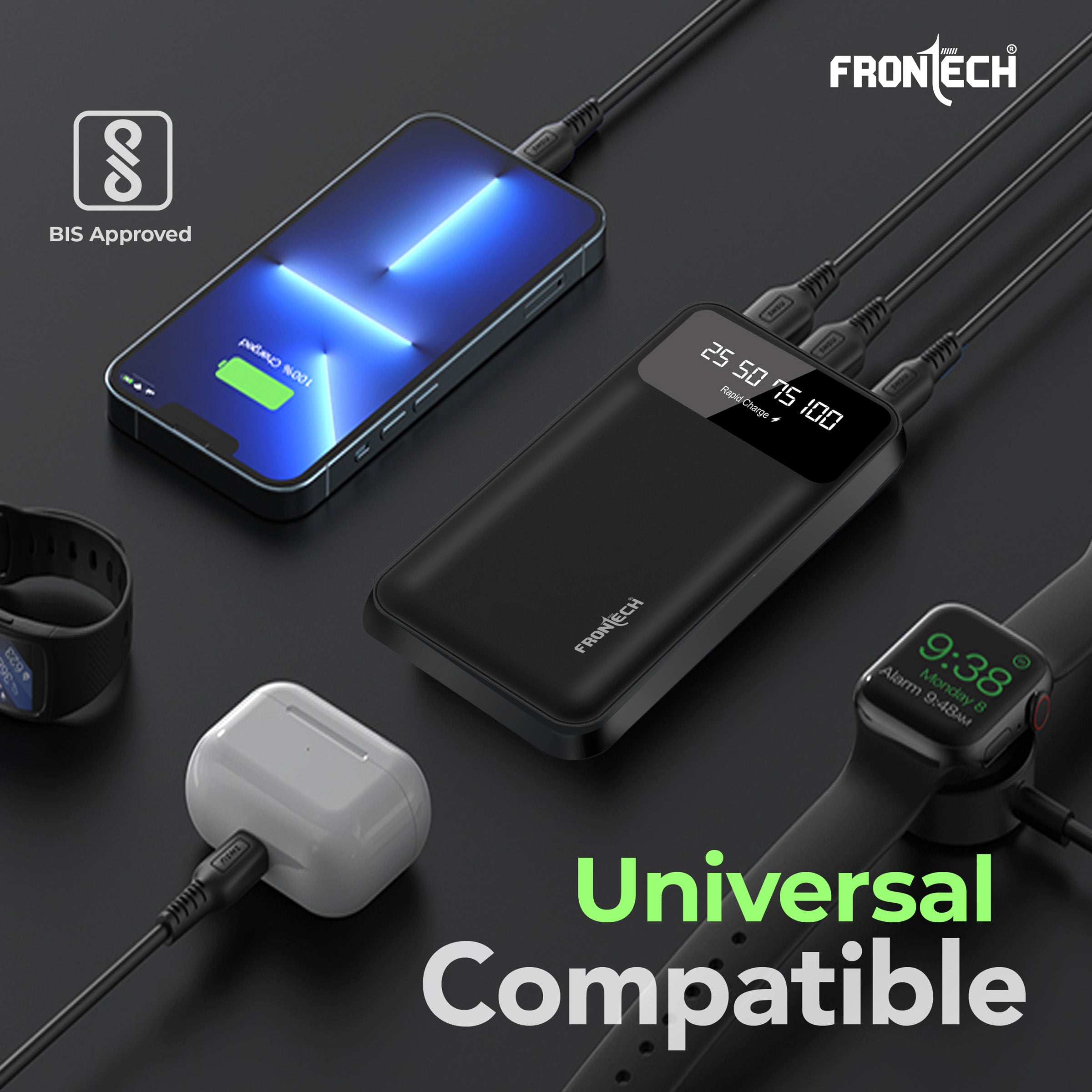 Frontech 10000mAh Power Bank | 22.5W Rapid Charging | Dual USB Output & Type-C Input | LED Torch Light & Battery Indicator | Li-Polymer Battery (PB-0006)