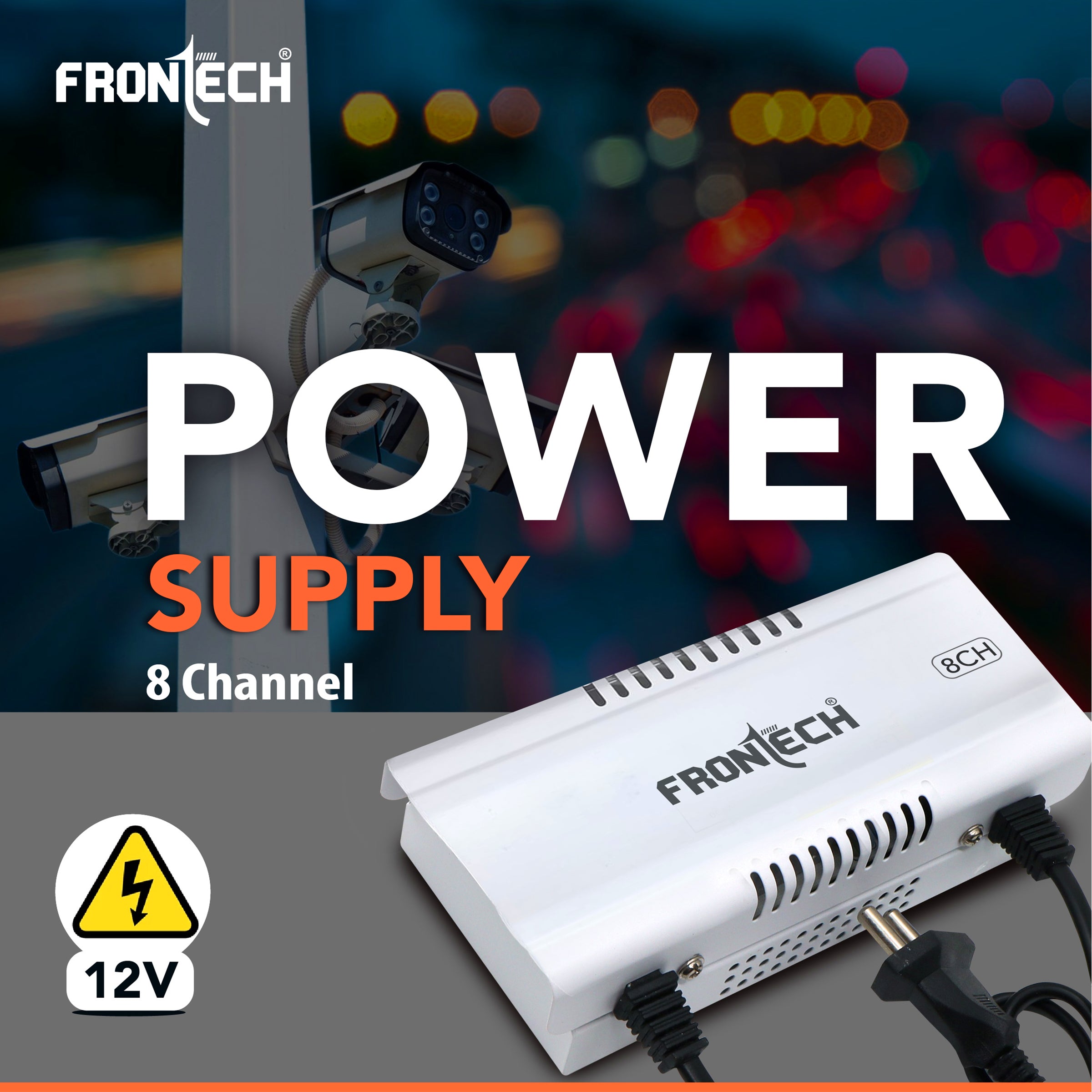 Frontech 8 Channel CCTV Power Supply | 12V DC Output | Metal Body | Long Input Range AC 150~275V | Efficient & Easy to Install Power Adapter for DVR, CCTV Camera & Security System (PS-0057)