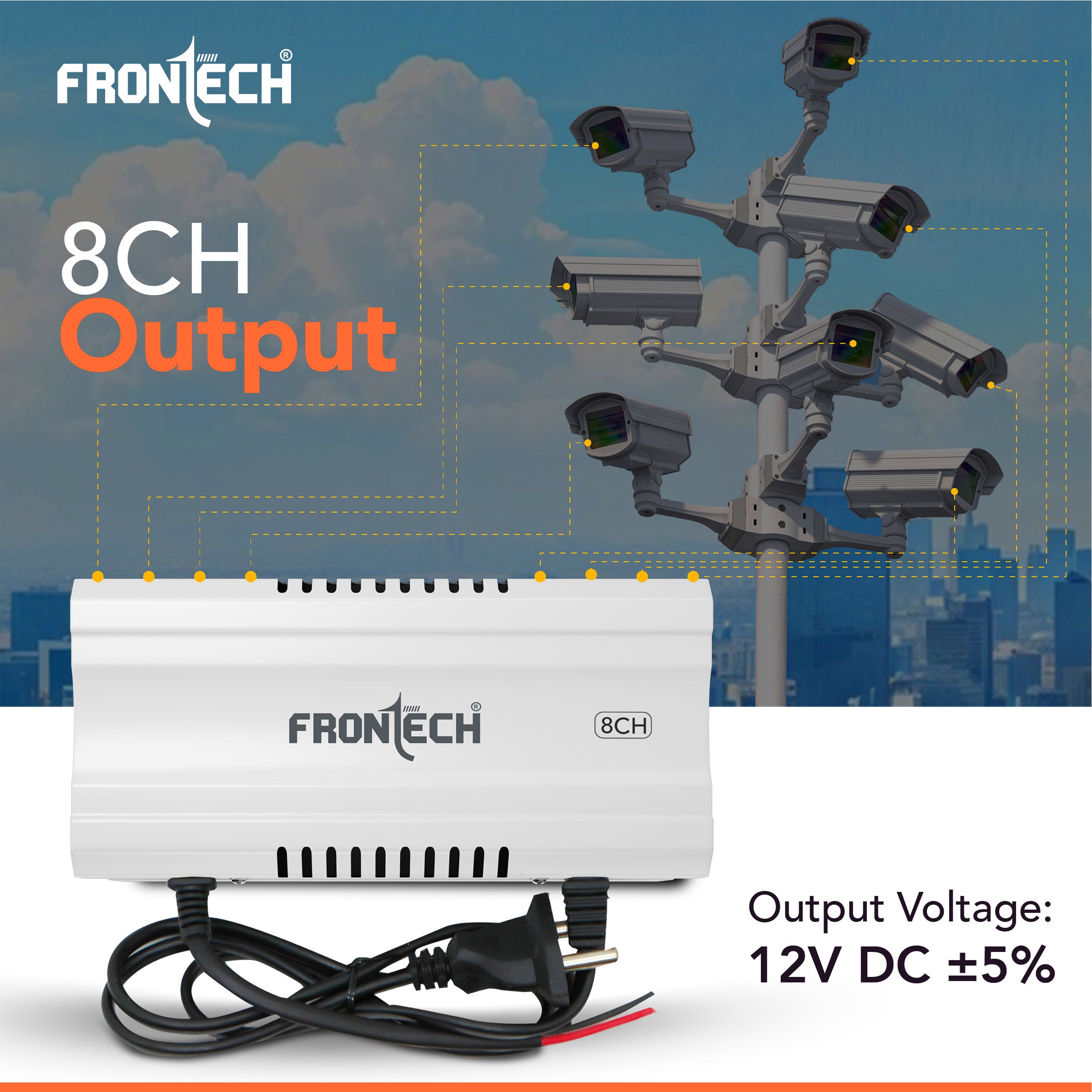 Frontech 8 Channel CCTV Power Supply | 12V DC Output | Metal Body | Long Input Range AC 150~275V | Efficient & Easy to Install Power Adapter for DVR, CCTV Camera & Security System (PS-0057)