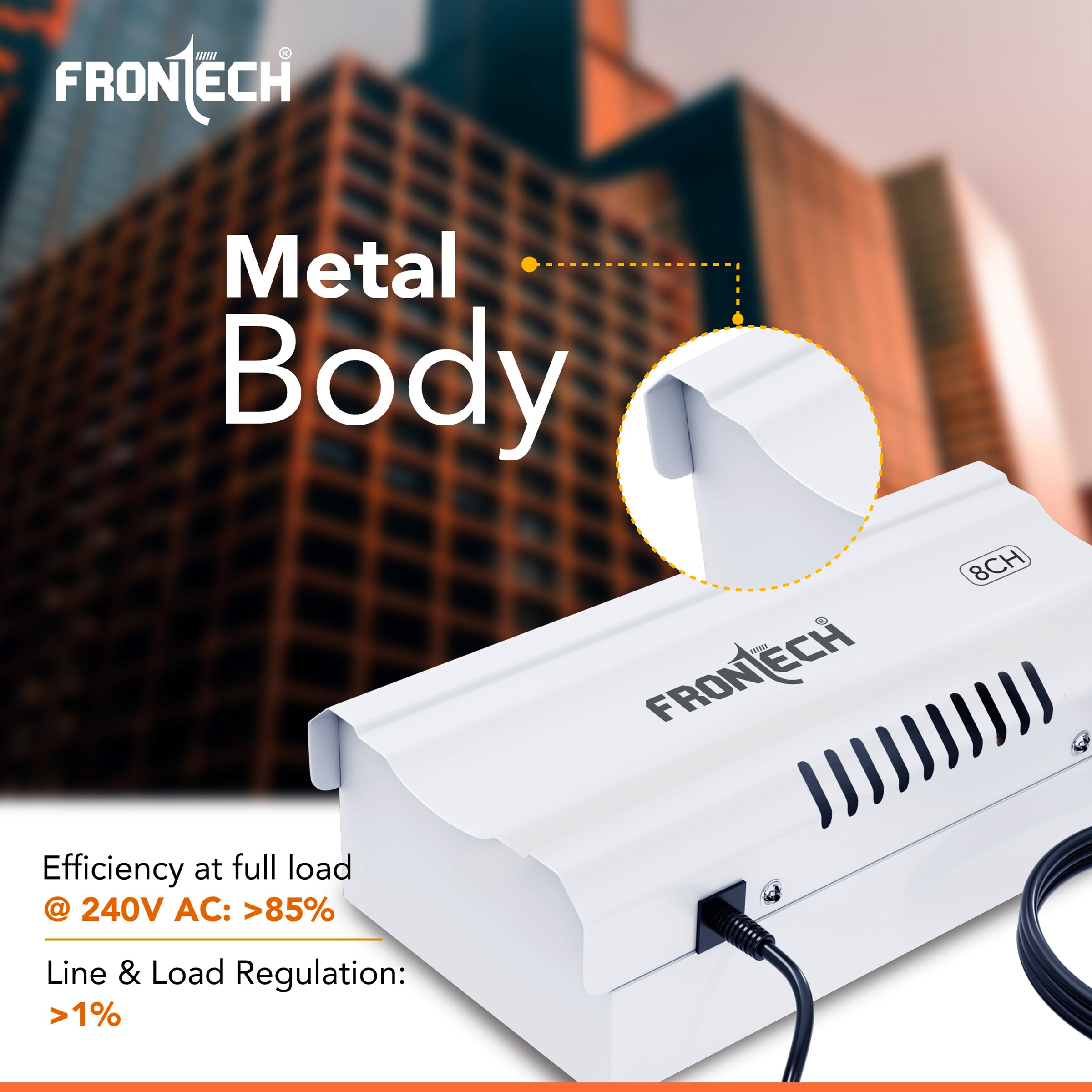 Frontech 8 Channel CCTV Power Supply | 12V DC Output | Metal Body | Long Input Range AC 150~275V | Efficient & Easy to Install Power Adapter for DVR, CCTV Camera & Security System (PS-0057)