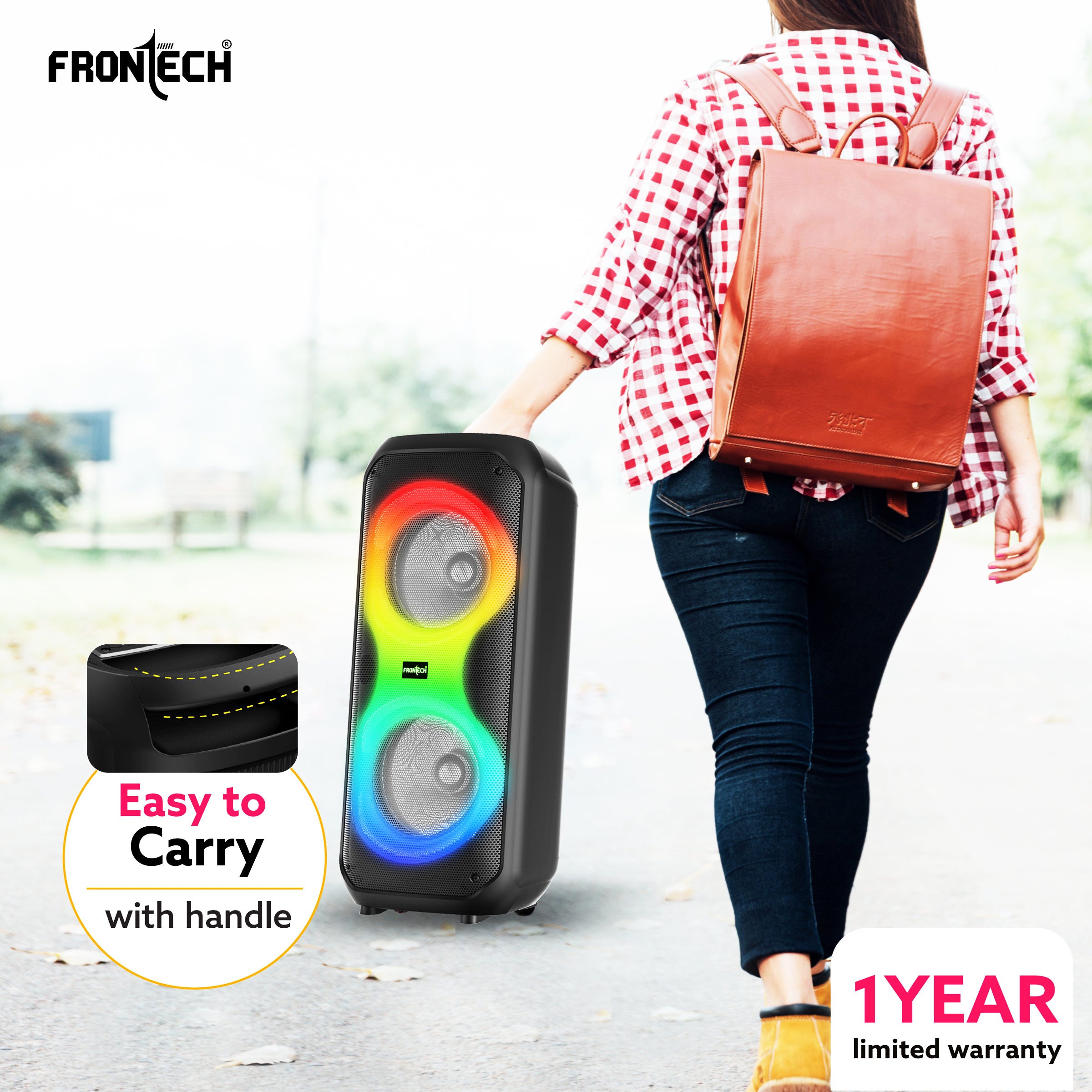 FRONTECH Smash PRO-95P Multimedia Bluetooth Speaker | 150W Output | RGB Lights | Wireless Mic & Karaoke | Dual 10