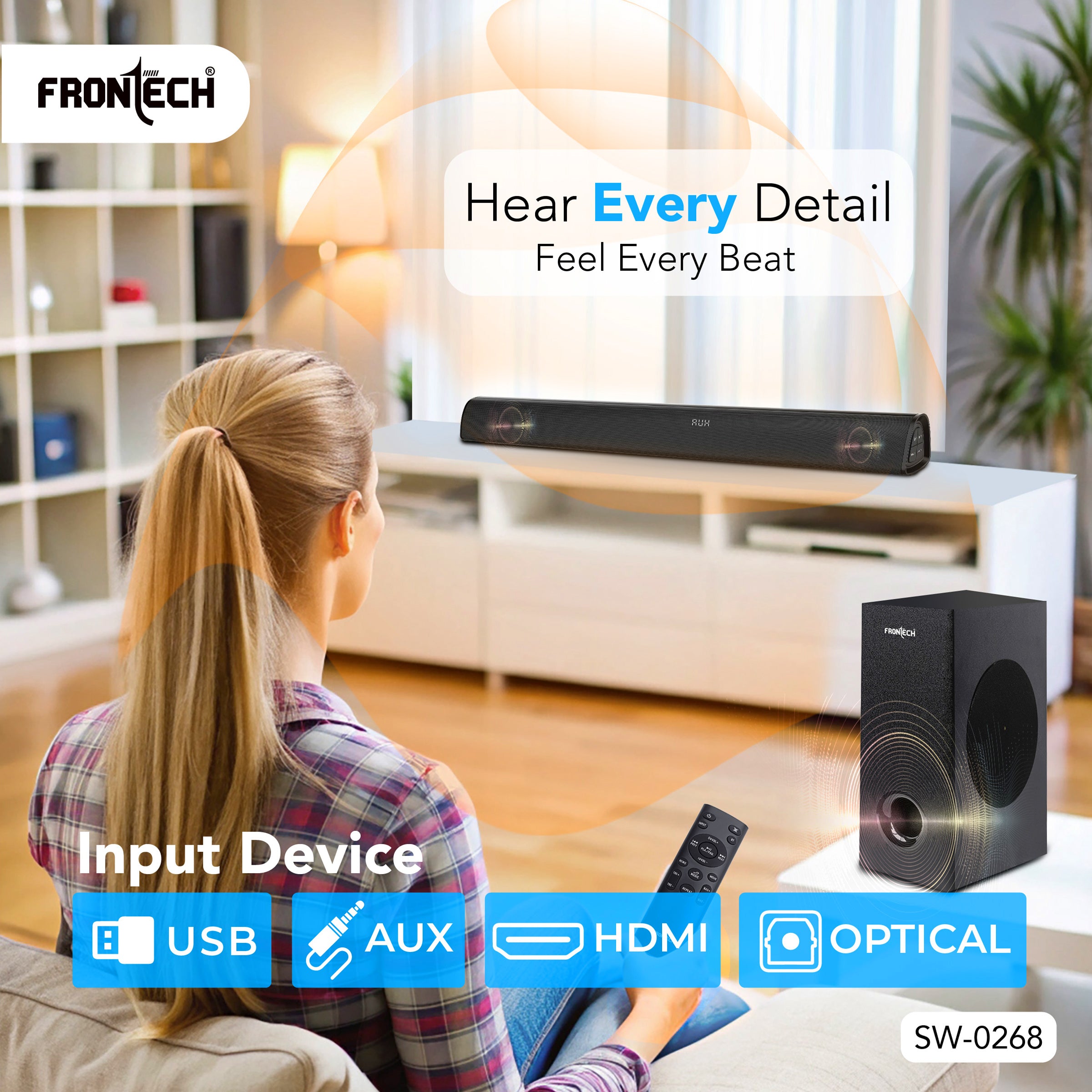 Frontech ECHOMAX-268 2.1 Soundbar System | 240W Power | Bluetooth 5.3 | HDMI ARC | Optical Audio | Deep Bass with Wired Subwoofer and Remote (SW-0268)