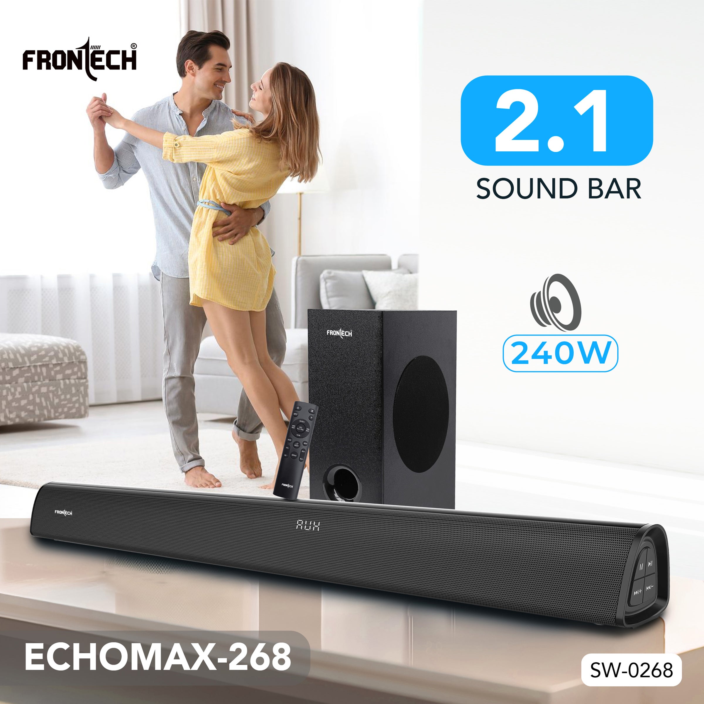 Frontech ECHOMAX-268 2.1 Soundbar System | 240W Power | Bluetooth 5.3 | HDMI ARC | Optical Audio | Deep Bass with Wired Subwoofer and Remote (SW-0268)